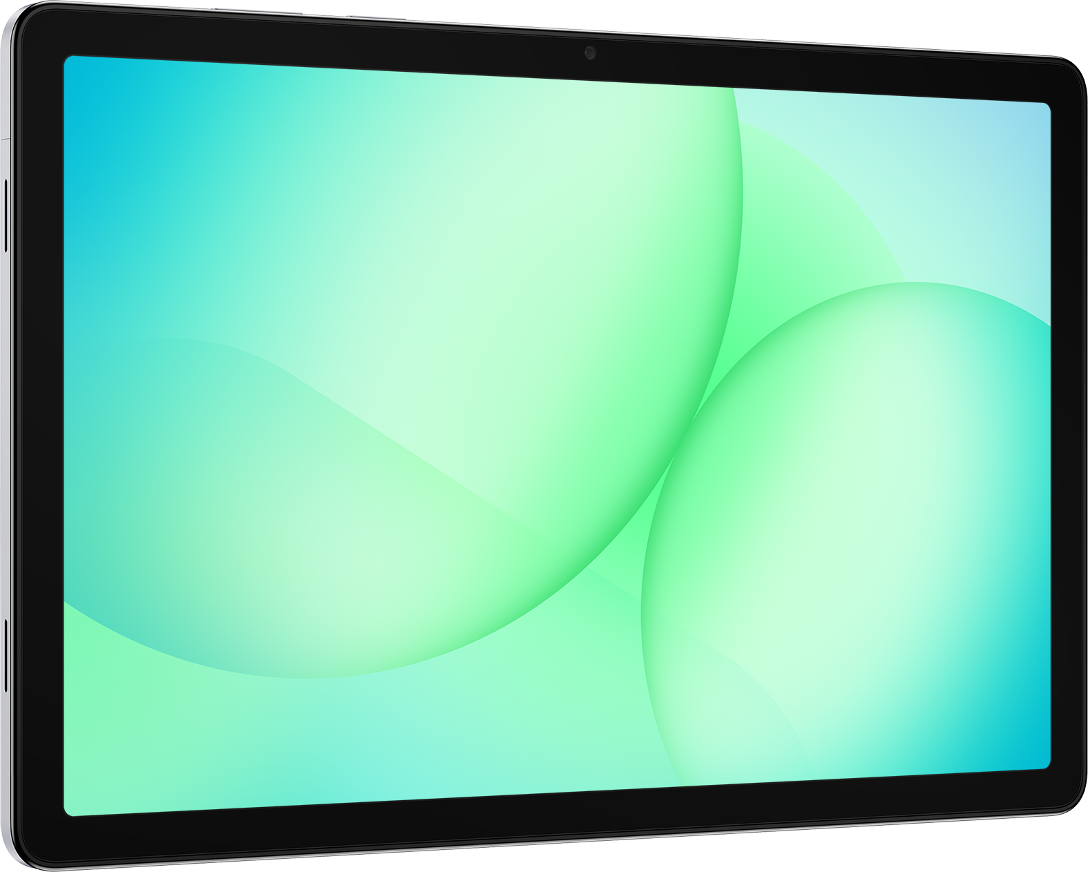 Tablette avec cadre noir et écran dégradé vert. Caméra visible en haut. Le fond est un dégradé.