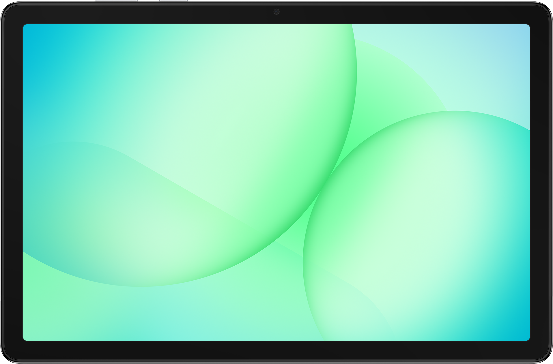 Tablette avec un fond dégradé de couleurs turquoise et verte, avec des formes arrondies et un cadre noir.