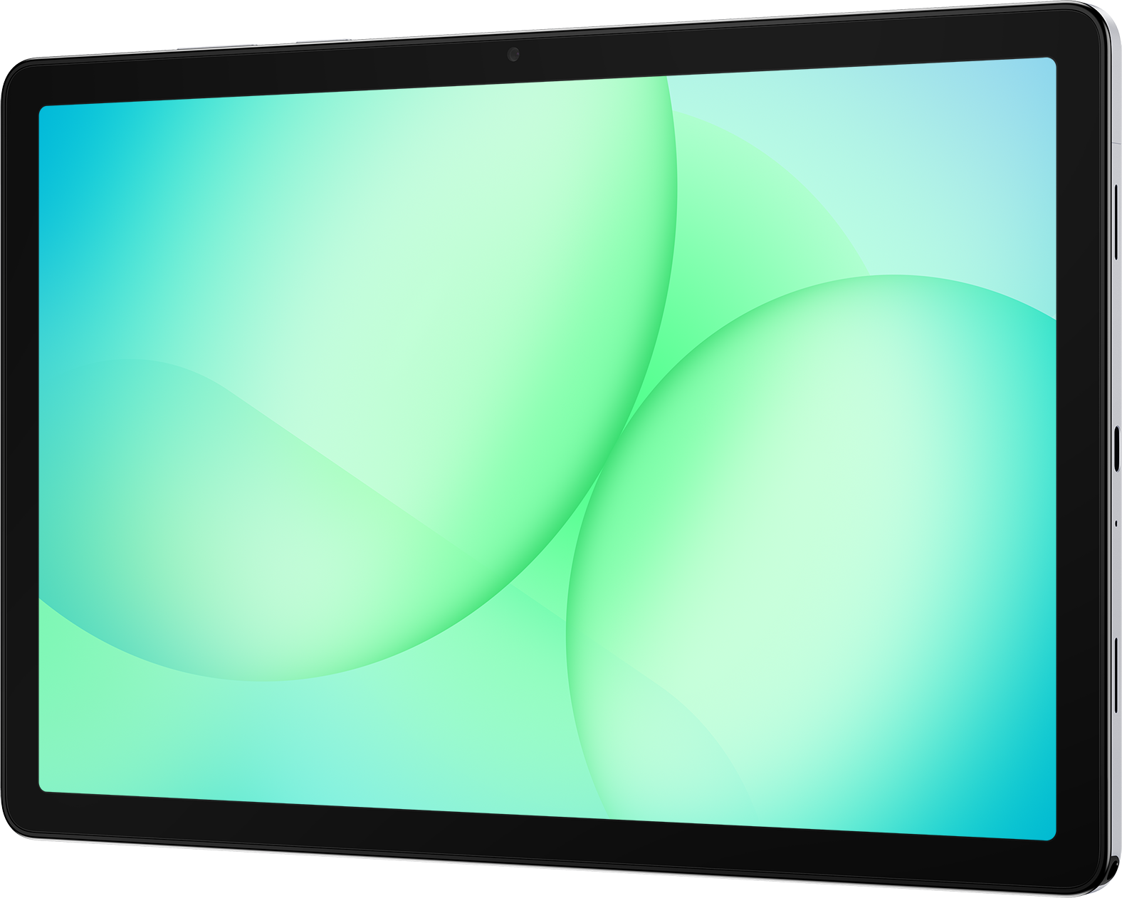 Une tablette avec un cadre noir et un écran affichant des sphères de dégradé vert et bleu.