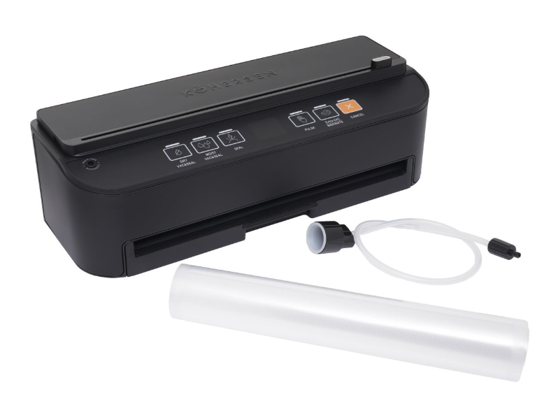 Czarna zgrzewarka próżniowa z akcesoriami: wąż, rolka folii i czarno-białe złącze. Przyciski na górze.