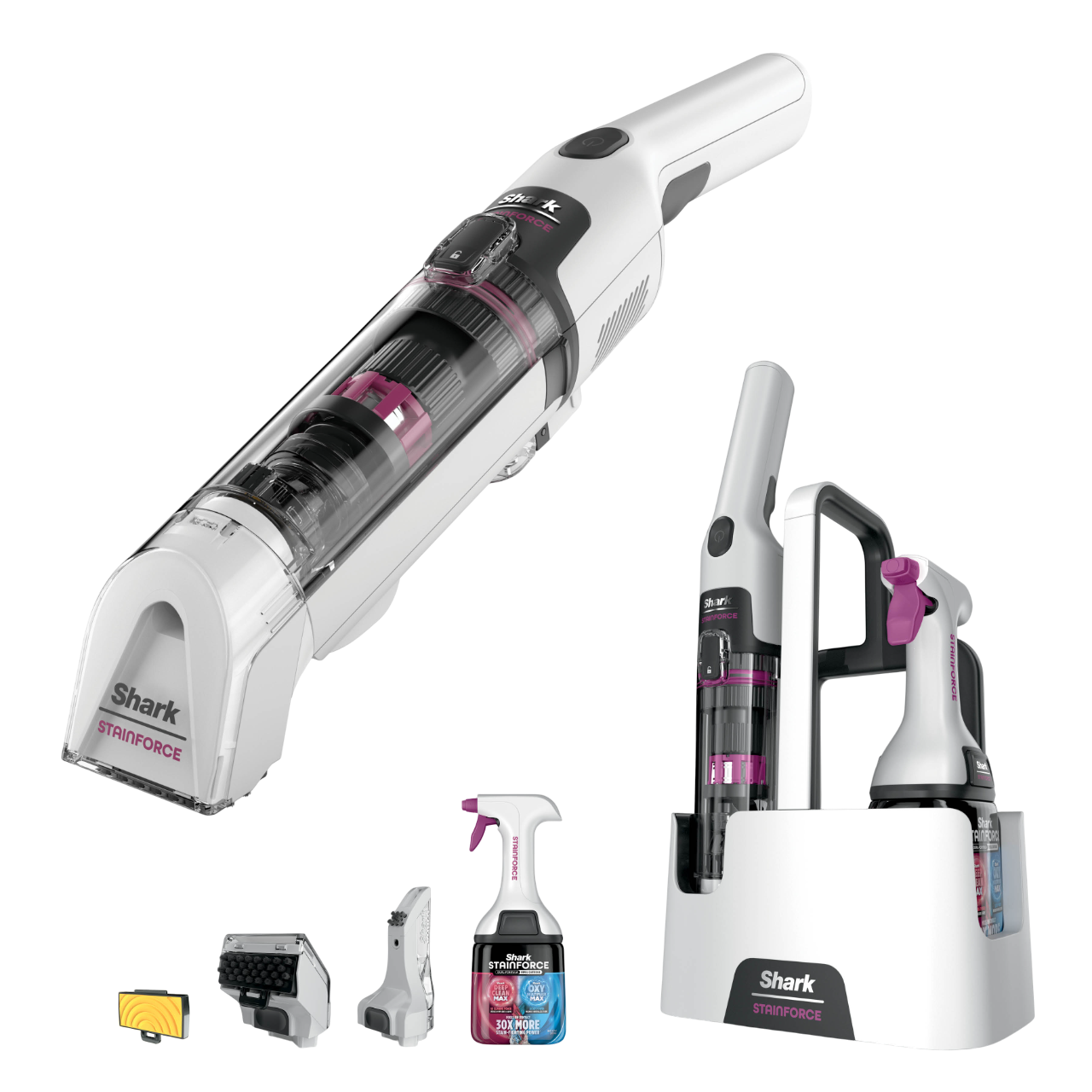 Ein weiß-lilafarbenes Shark Stainforce Staubsauger-Set wird gezeigt. Es enthält den Hauptstaubsauger, Zubehör und Reinigungslösungen.