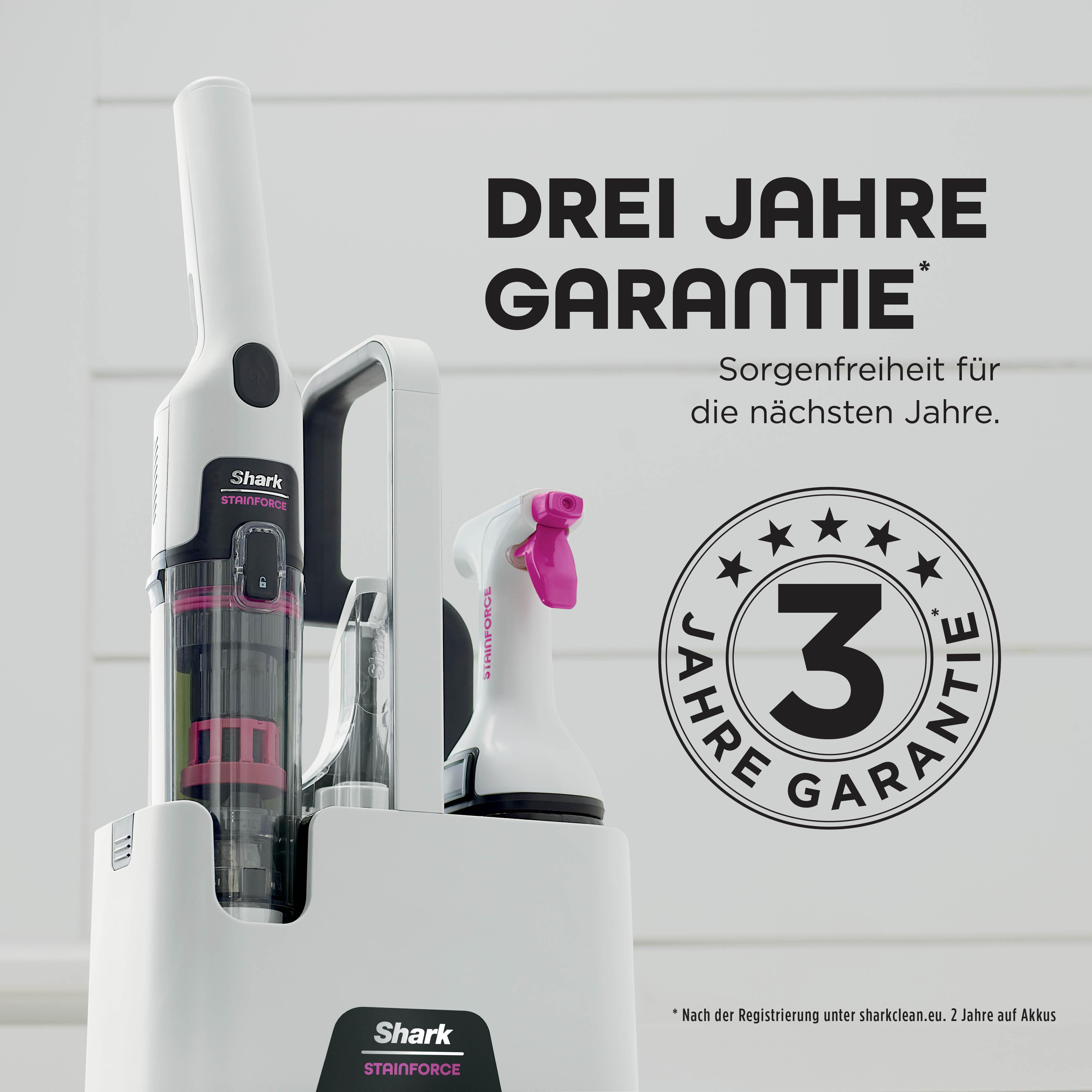 Weißer Shark Stainforce-Reiniger mit rosa Akzenten, Sprühflasche und 3-Jahres-Garantie-Logo.
