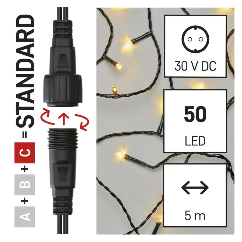 A képen egy csatlakozó, LED-lámpák és specifikációk láthatók: 30V DC, 50 LED és 5m hosszúság.