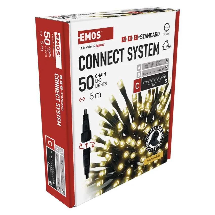 EMOS Connect System LED-lámpák doboza. 50 lámpát és 5 m hosszúságot mutat. A doboz fehér és piros.