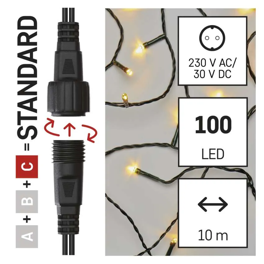 A képen egy fekete csatlakozó és füzérvilágítás látható. A szöveg 230V AC/30V DC, 100 LED-et és 10 métert jelez.