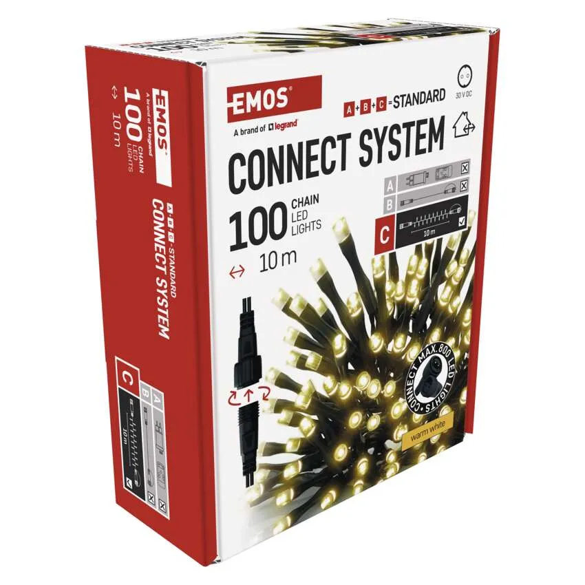 EMOS Connect System LED-es lámpák doboza. A doboz piros és fehér, termékinformációkkal és a lámpák képével.