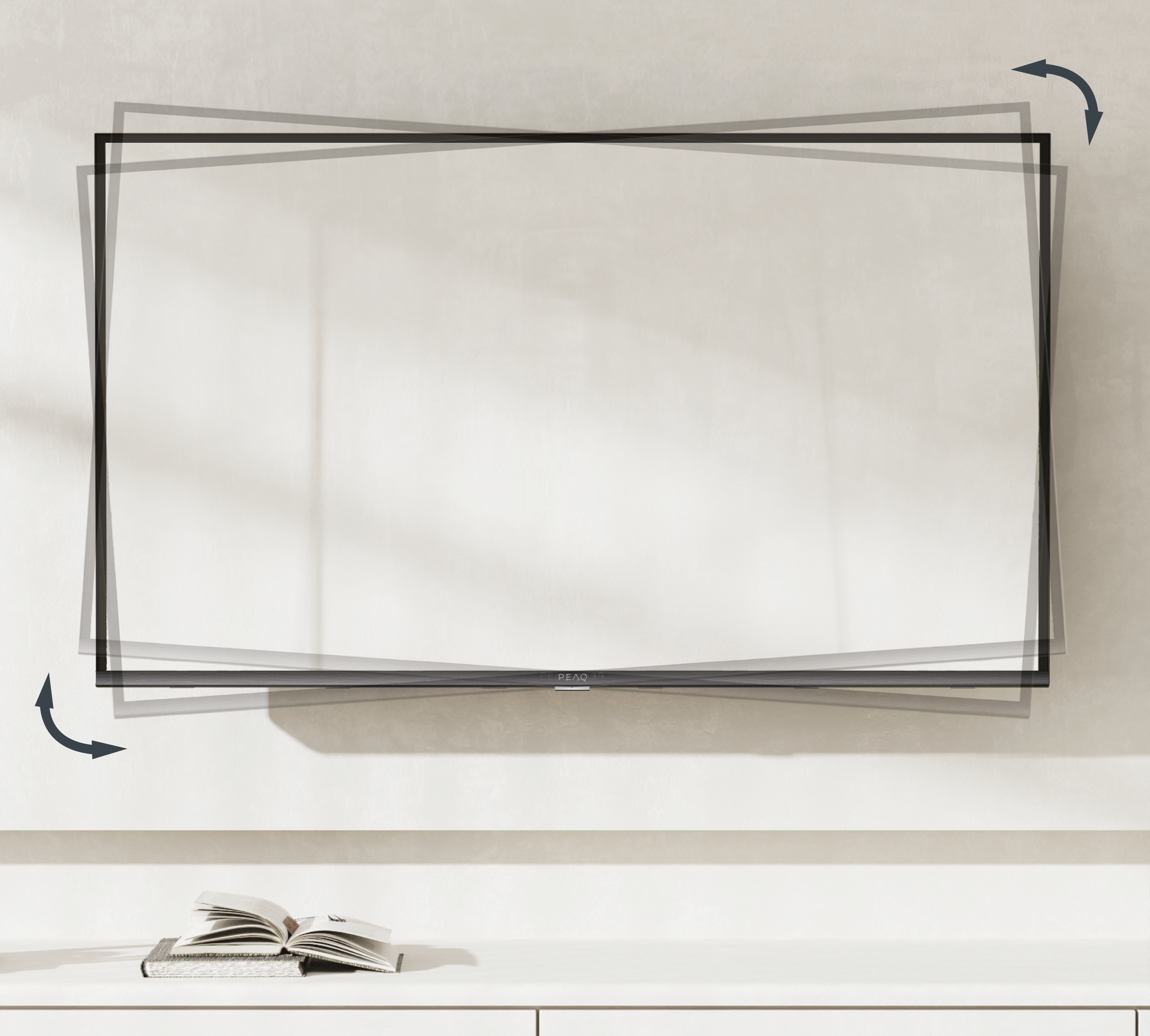 Telewizor zamontowany na ścianie. Otwarta książka na stole. Strzałki wskazują obrót TV.