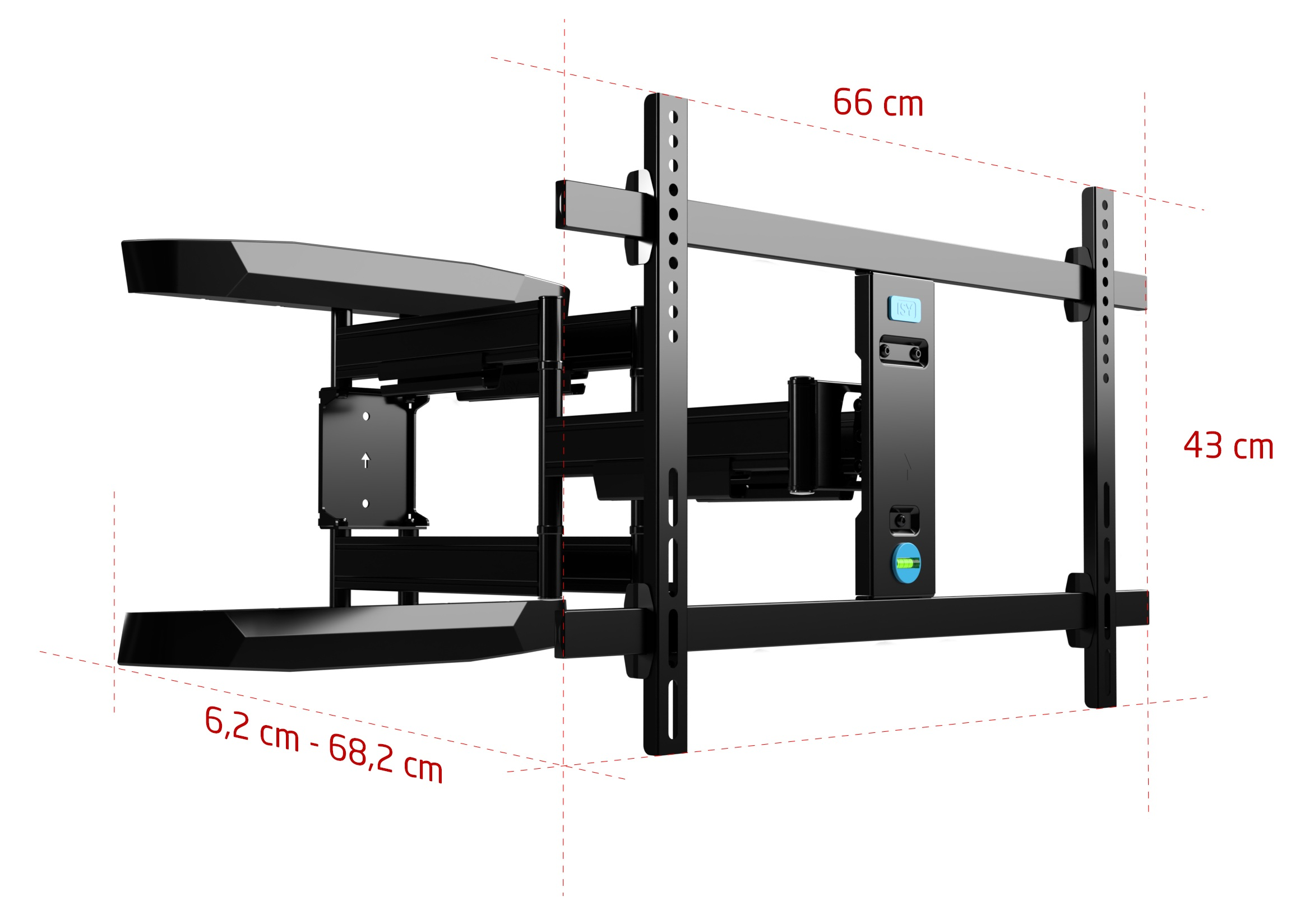 Czarny uchwyt ścienny do telewizora z wymiarami. Ma poziomicę i inne części. Wymiary są oznaczone.