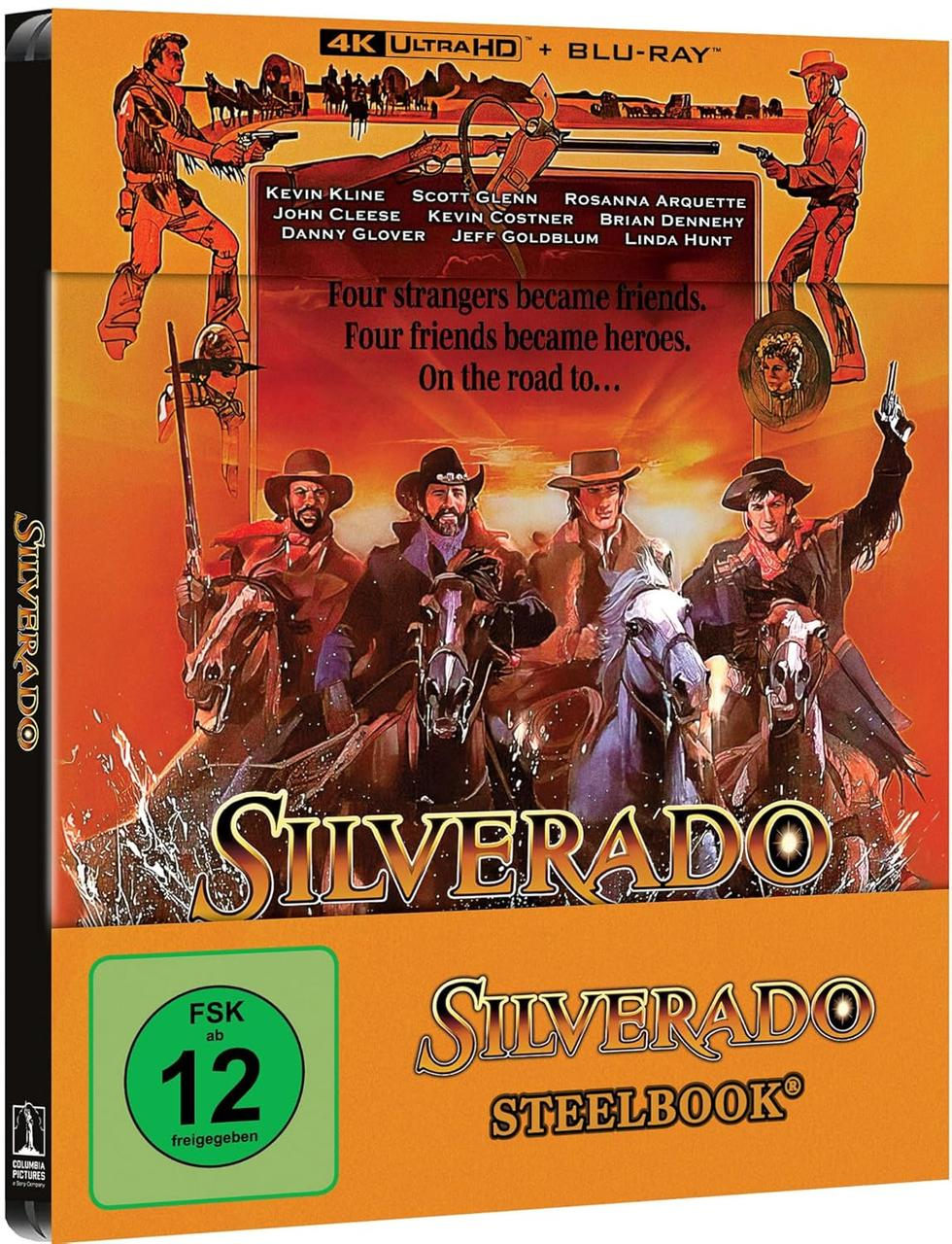 DVD-Cover. Cowboys auf Pferden, Waffen gezogen. Text: Silverado, Steelbook. Namen der Schauspieler. Bewertung: FSK ab 12.