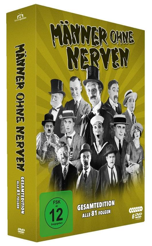 DVD-Box: 'Männer ohne Nerven' mit vielen Schauspielern in Anzügen und Hüten. Grüner Kreis mit 'FSK 12'. Gelber Hintergrund.