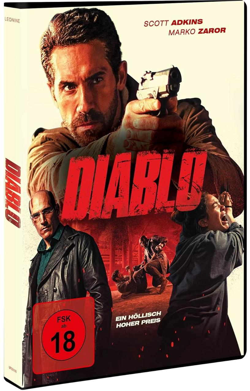 DVD-Cover. Ein Mann zielt mit einer Waffe. Titel: DIABLO. Andere Leute kämpfen. FSK 18-Aufkleber. Namen der Schauspieler oben.