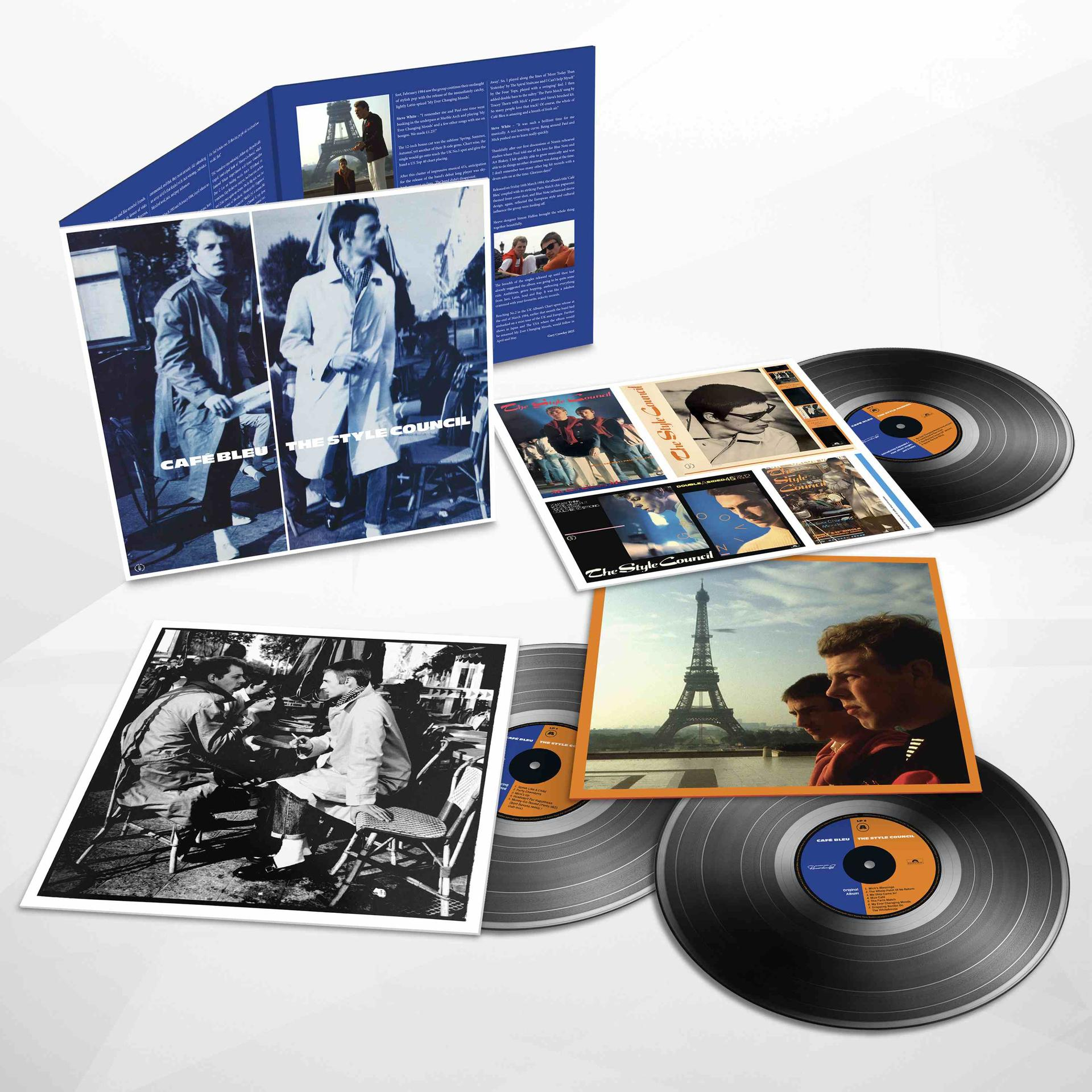 Albumcover-Artwork für The Style Council's Cafe Bleu. Beinhaltet Bilder von Bandmitgliedern, Schallplatten und dem Eiffelturm.