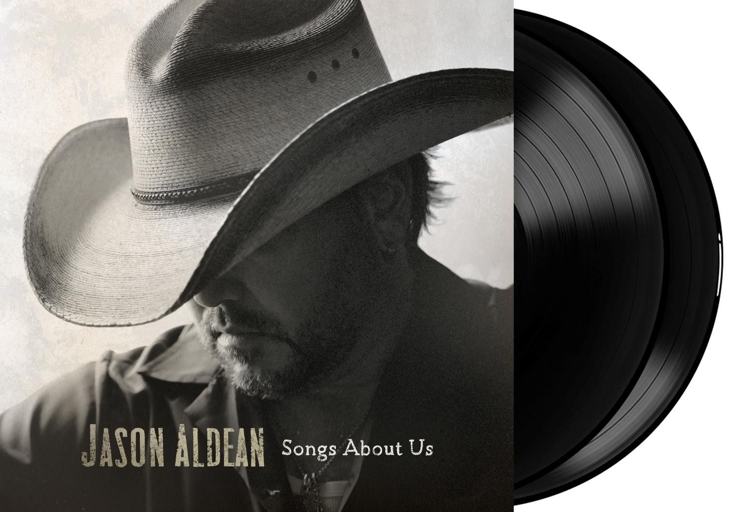 Albumcover: Jason Aldean, Cowboyhut, mit Schallplatten. Text 'Songs About Us'.