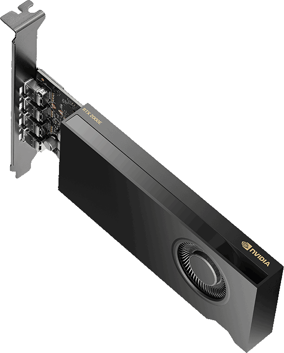 Eine schwarze Nvidia RTX 2000E Grafikkarte. Sie hat eine Metallhalterung und einen Lüfter. Das Nvidia-Logo ist sichtbar.