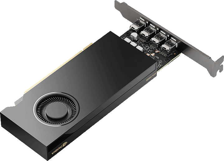 Eine schwarze und silberne NVIDIA RTX 2000 Grafikkarte. Sie hat einen Lüfter und mehrere Anschlüsse. Die Karte ist auf grauem Hintergrund.