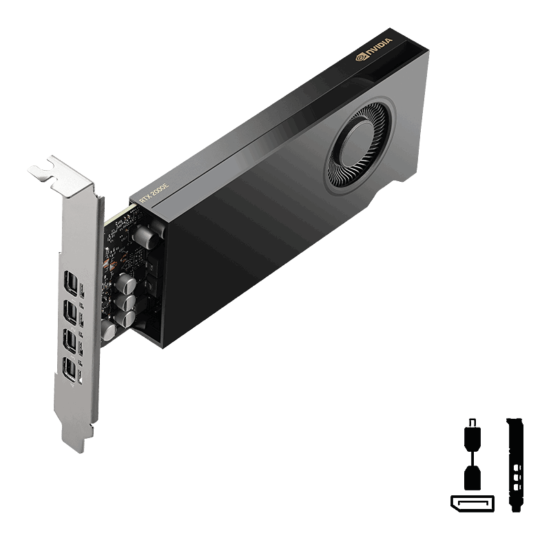 Eine schwarze und silberne NVIDIA RTX 2000E Grafikkarte. Sie ist schräg dargestellt, mit einem sichtbaren Lüfter und mehreren Anschlüssen.