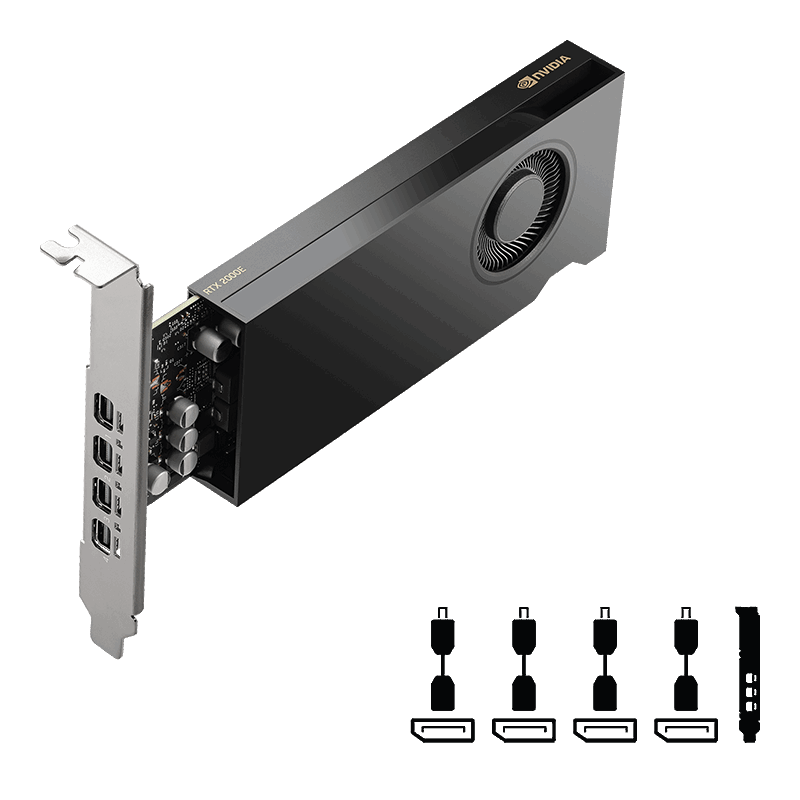 Eine schwarze NVIDIA RTX 2000E Grafikkarte. Sie hat eine silberne Halterung mit Anschlüssen, einen Lüfter und einen Anschluss für HDMI-Kabel.