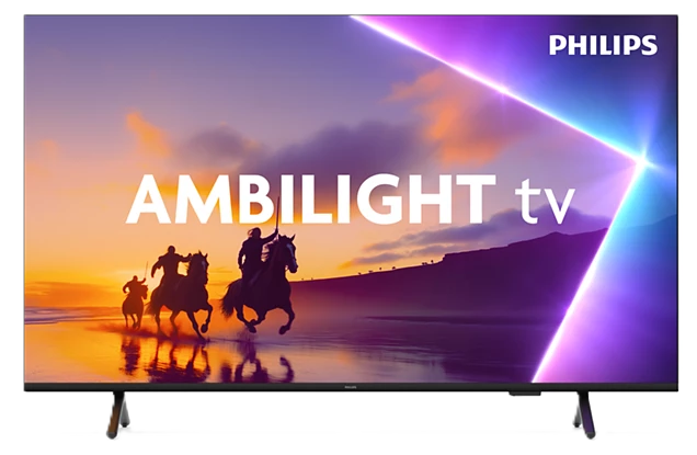 Philips Ambilight TV zeigt Reiter auf Pferden, mit lila und orangefarbenem Hintergrund. Das Wort 'Ambilight' ist prominent.