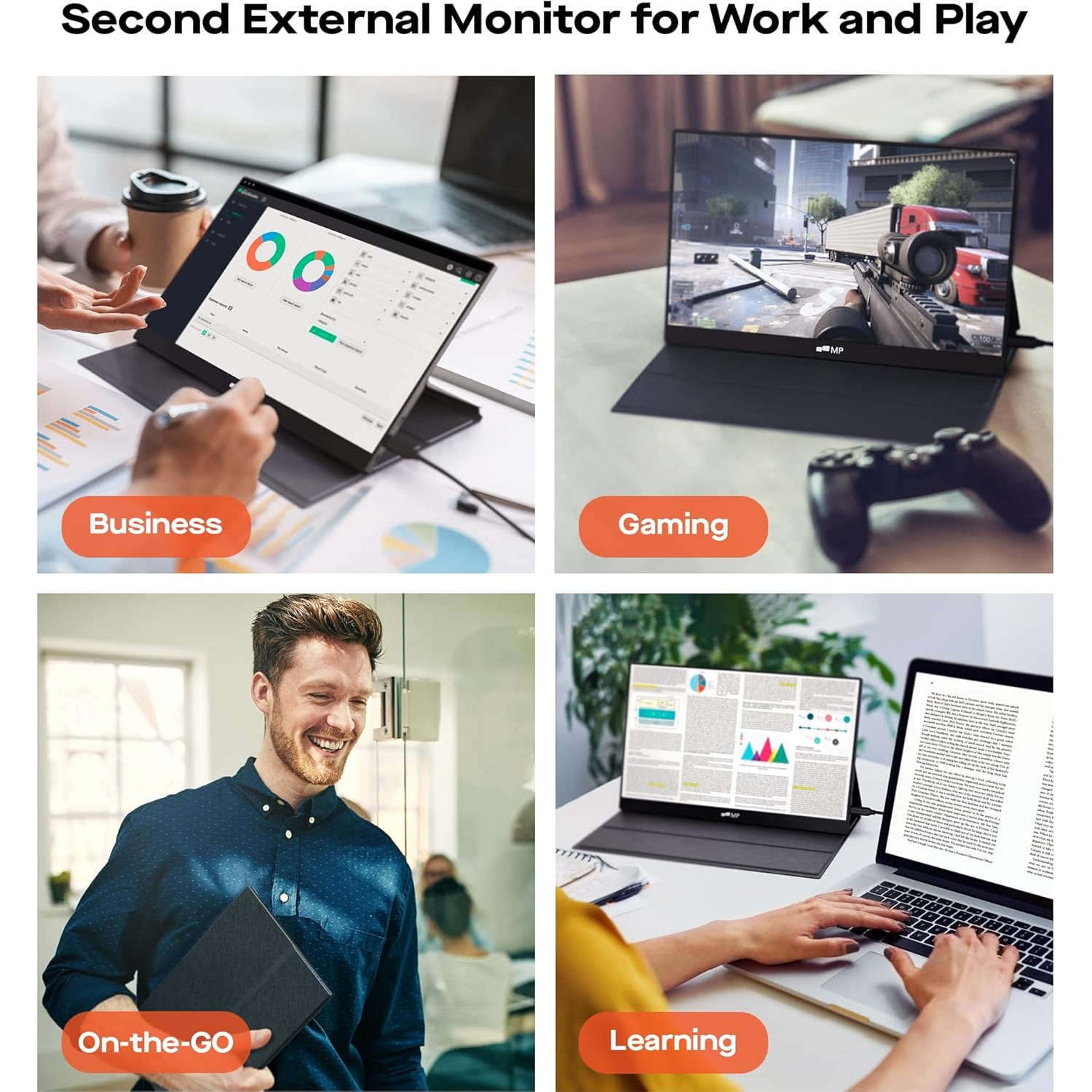 L'image montre un deuxième moniteur externe utilisé pour les affaires, les jeux, le travail en déplacement et l'apprentissage, avec des personnes utilisant le moniteur.