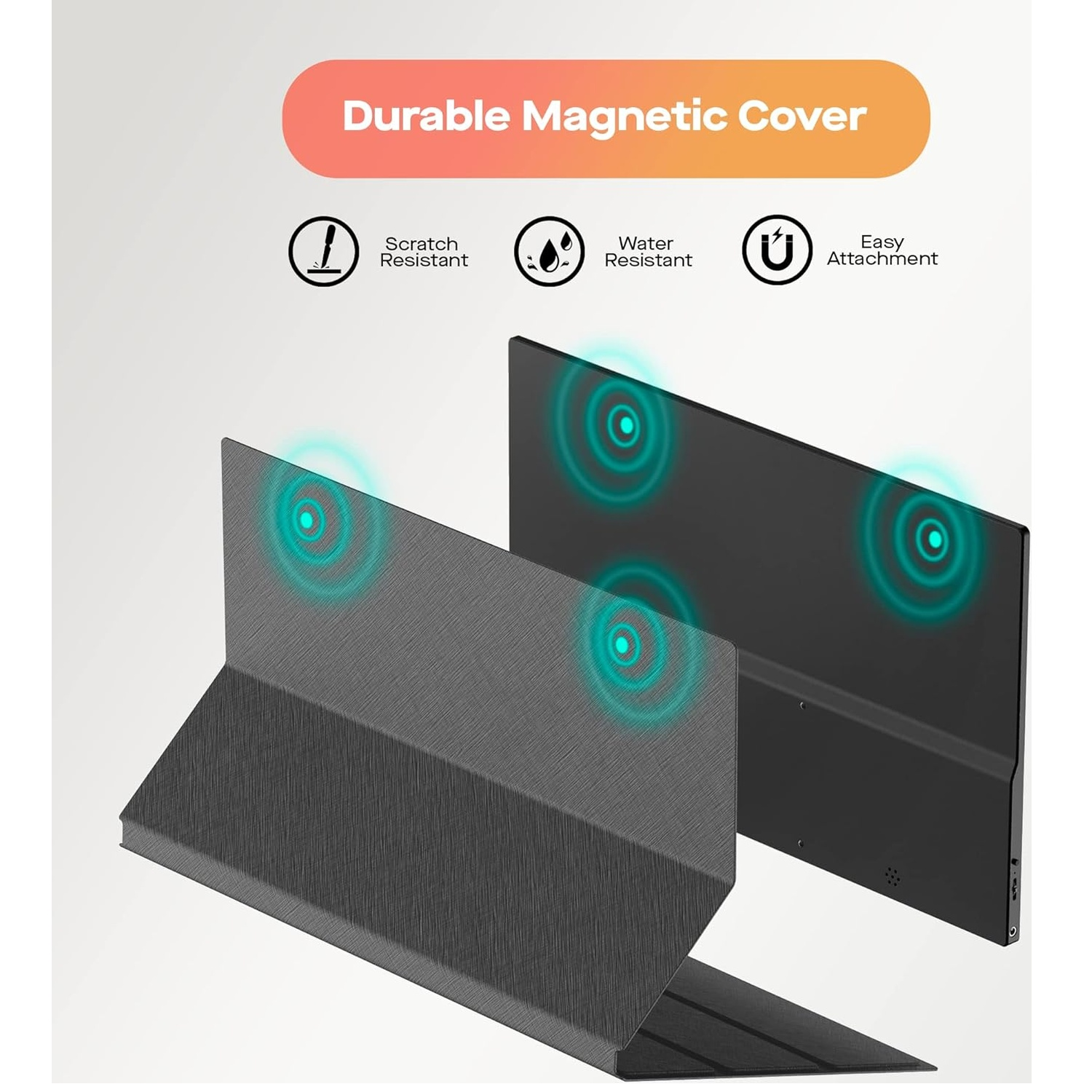 L'image montre une couverture magnétique durable pour un appareil. Les caractéristiques incluent la résistance aux rayures, à l'eau et une fixation facile.