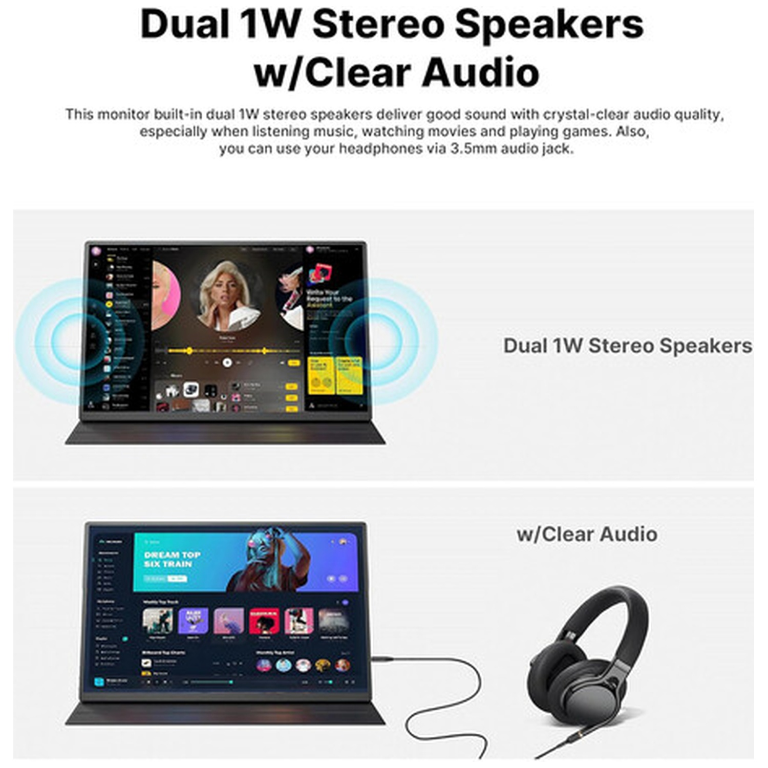 Image shows a monitor with a music app, a laptop, and headphones. Text highlights dual speakers and clear audio quality.