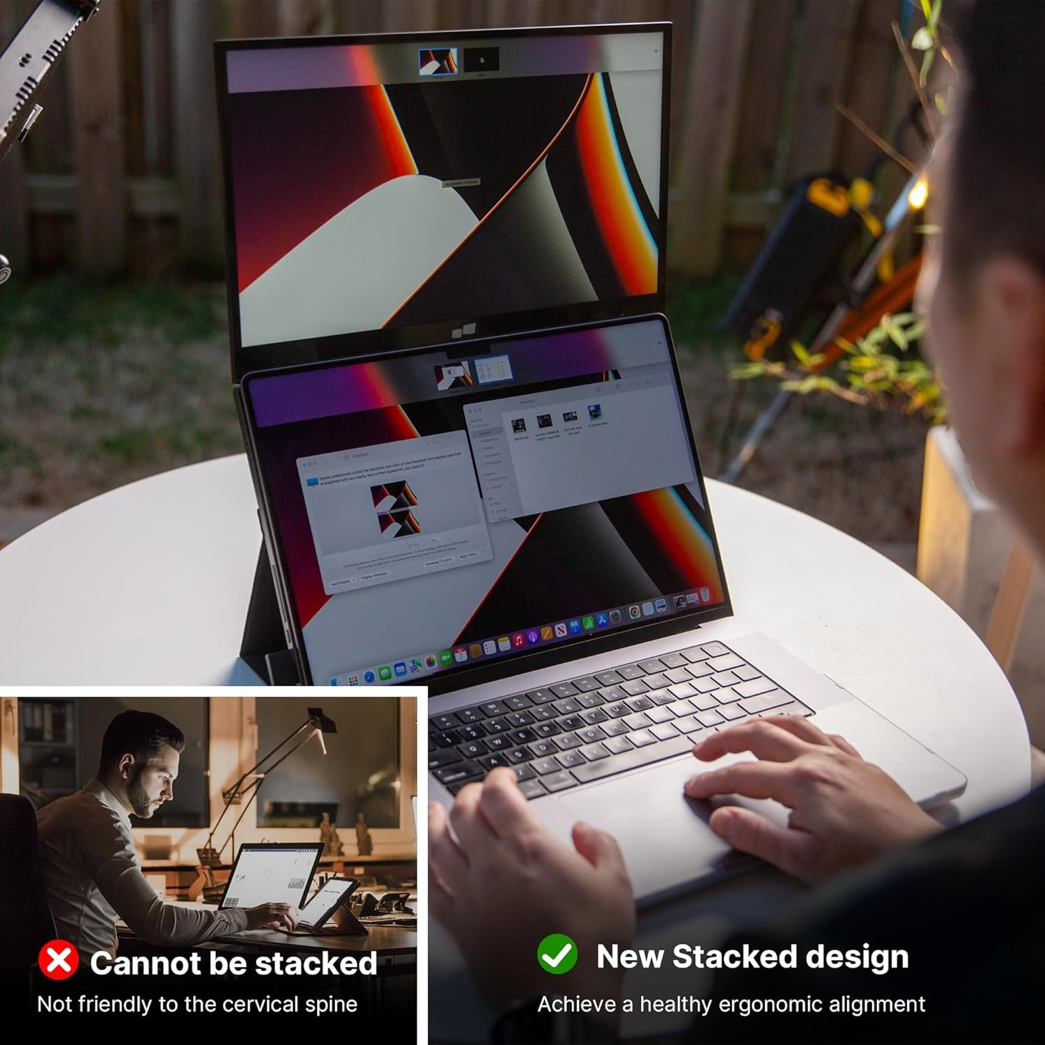 Un ordinateur portable avec un moniteur externe empilé au-dessus, démontrant une conception ergonomique. Les mains d'une personne sont sur le clavier.