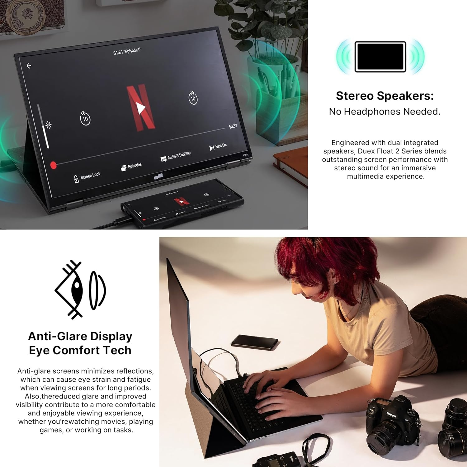 Une femme utilise un ordinateur portable, avec un appareil photo et des objectifs à proximité. L'écran affiche une vidéo. Le texte met en évidence les fonctionnalités.