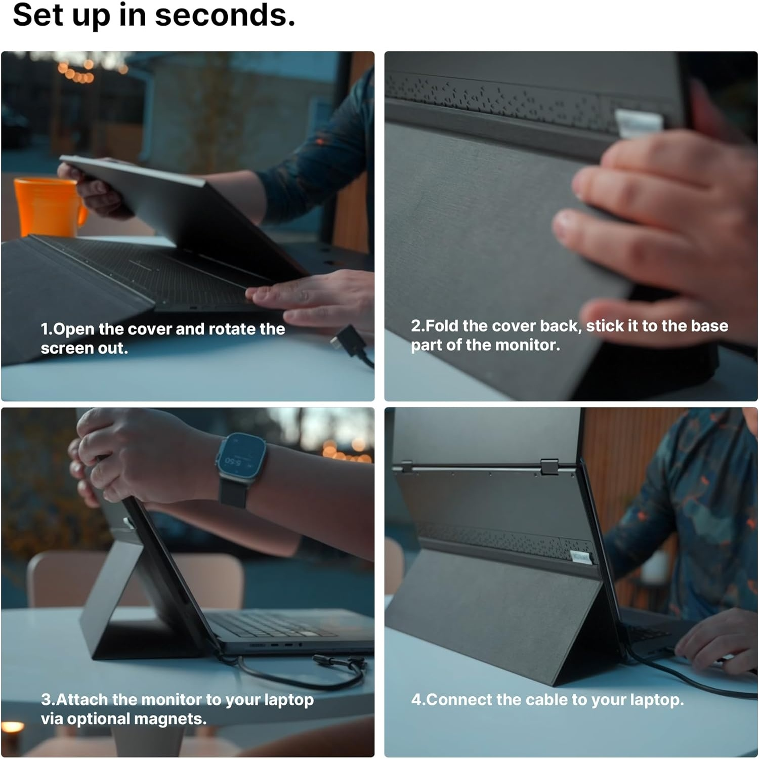 Quatre images montrent la configuration d'un ordinateur portable. Les étapes incluent l'ouverture, le pliage, la fixation de l'écran et le branchement du câble.