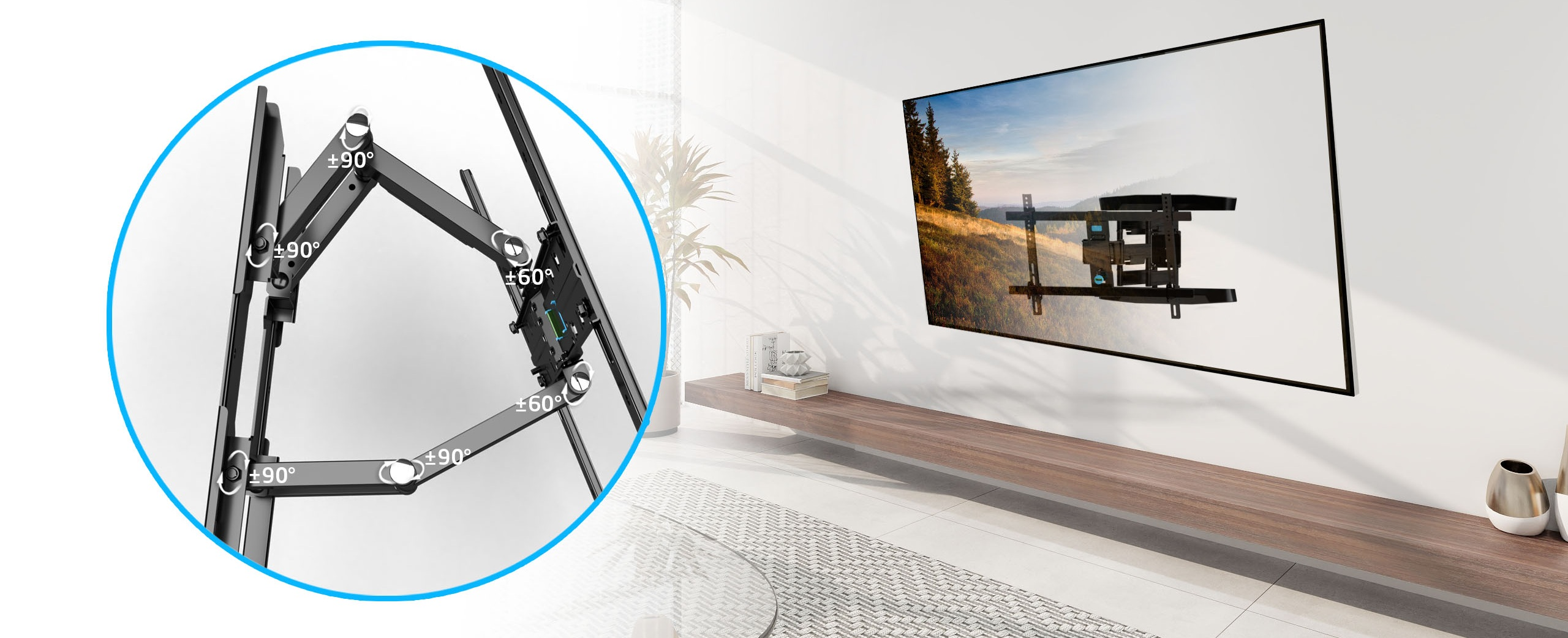 Telewizor zamontowany na ścianie z regulowanym uchwytem. Uchwyt ma kilka przegubów do regulacji kąta. Poniżej telewizora znajduje się drewniana półka.