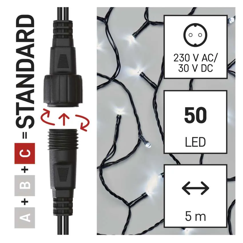 A kép egy fekete LED-es füzért, csatlakozót és részleteket mutat. Tartalmazza a feszültséget, a LED-ek számát (50) és a hosszinformációt (5m).