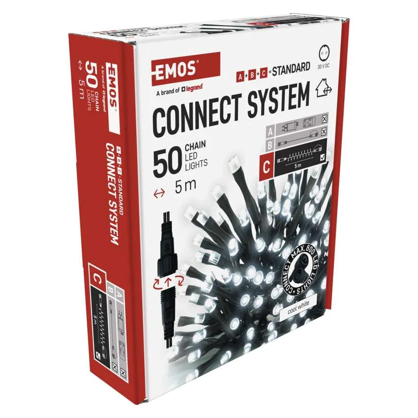 EMOS Connect System LED-es lámpák doboza. 50 lámpát mutat egy 5 m-es láncon. A doboz fehér és piros, hideg fehér lámpákkal.