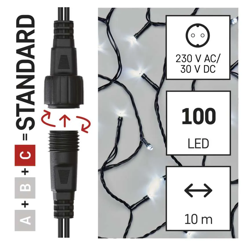 A kép egy fekete csatlakozót és LED-lámpákat mutat. Részletek: feszültség, 100 LED és 10 m hossz.