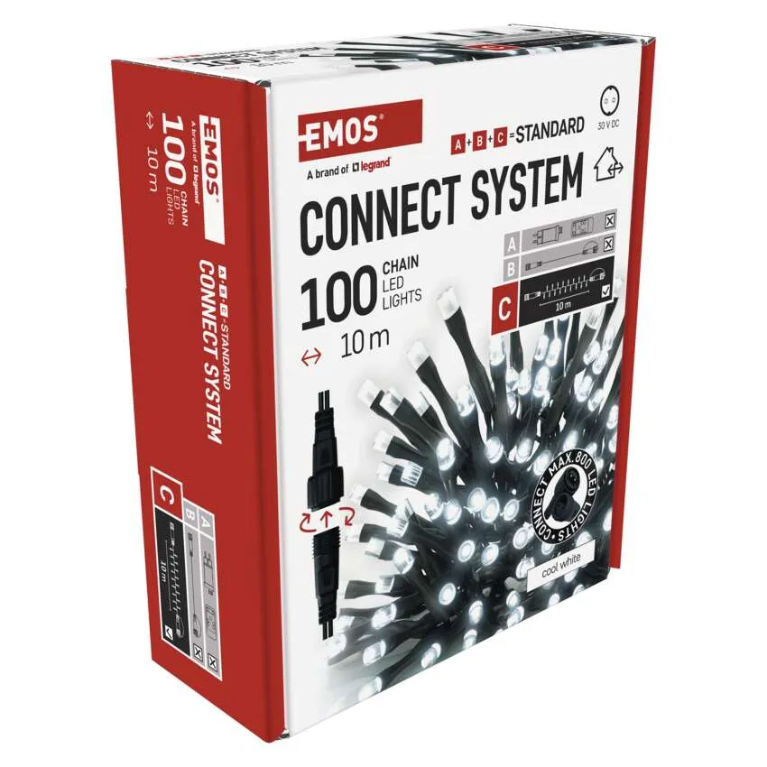 Egy doboz EMOS Connect System LED-es lámpák. 100 lámpája van, hideg fehér színű, és egy 10 m-es lánc. A doboz piros és fehér.