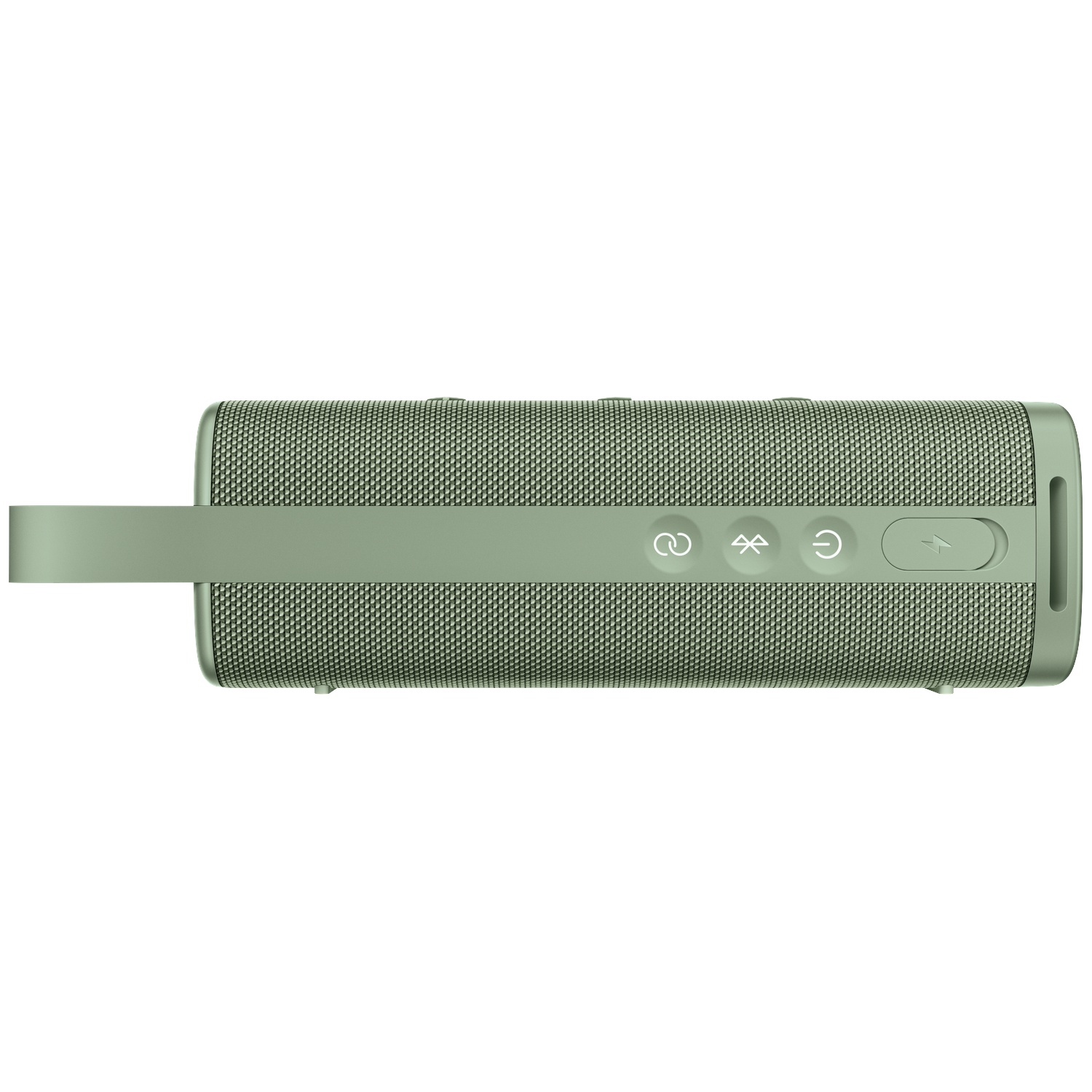 Een groene cilindrische luidspreker met een handvat. Het heeft knoppen voor stroom, Bluetooth en volumeregeling. De achtergrond is wit.