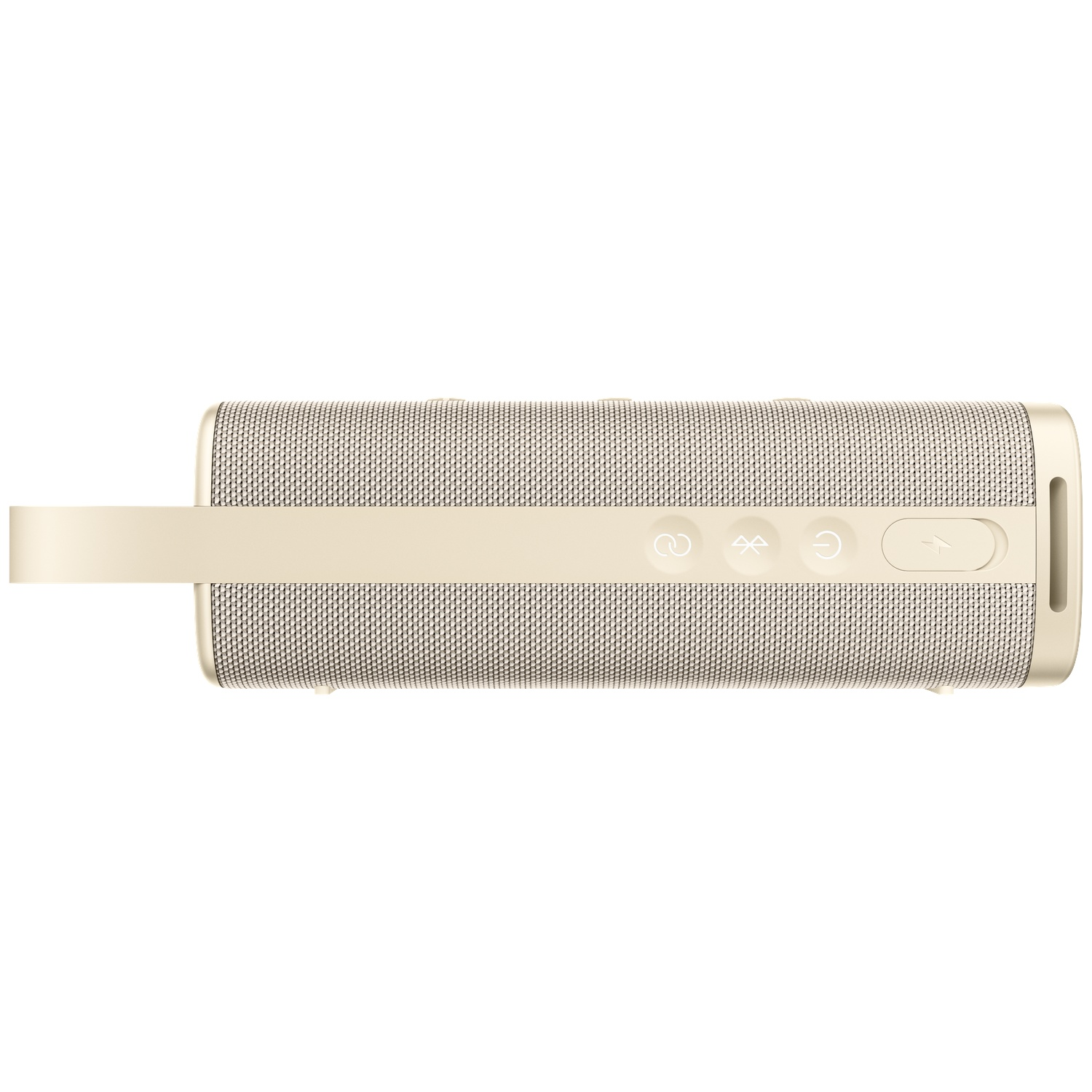 Een beige cilindrische luidspreker met een handvat. Het heeft bedieningsknoppen voor stroom, volume en Bluetooth.
