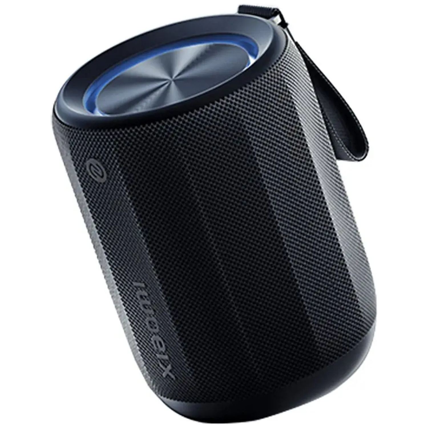 A black cylindrical speaker with a carrying strap. It has a mesh texture, a silver top with a blue ring, and the word Xiaomi.