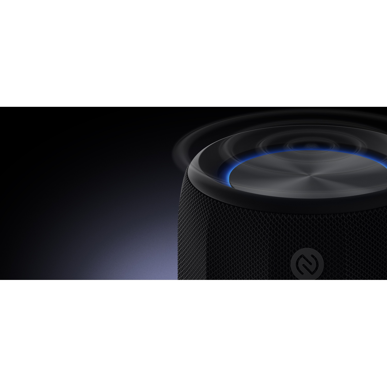 A black speaker with a mesh texture. It has a blue light ring around the top. The background is a gradient of dark blue to black.