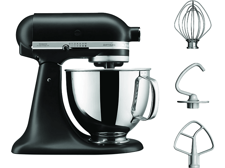 Kitchen Aid 5KSM125EBM Artisan Küchenmaschine mit kippbarem Motorkopf Matte Black (Rührschüsselkapazität: 4,8 l, 300 Watt)