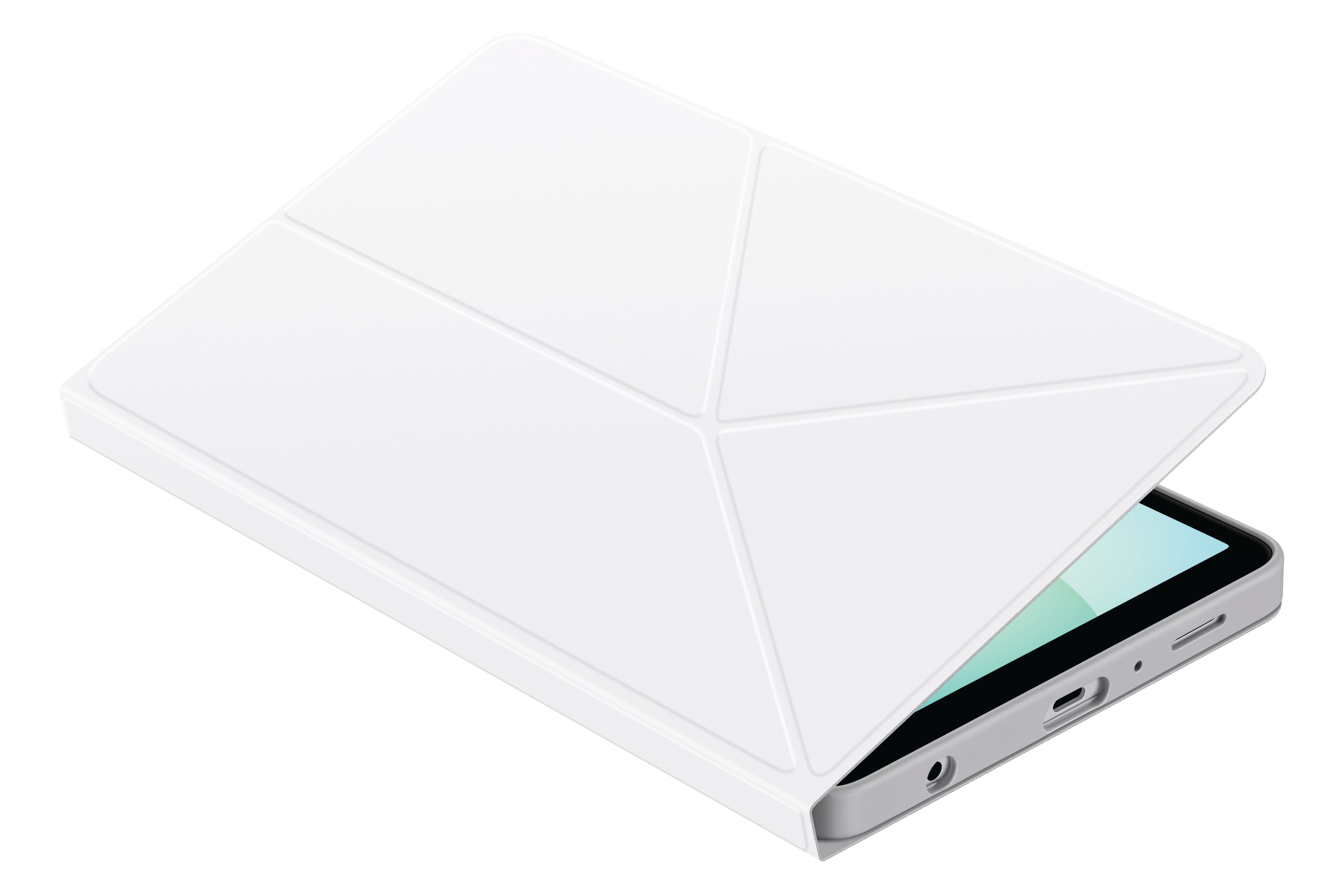 Tablet mit weißer Hülle, teilweise geöffnet, Bildschirm sichtbar. Der Hintergrund ist weiß.