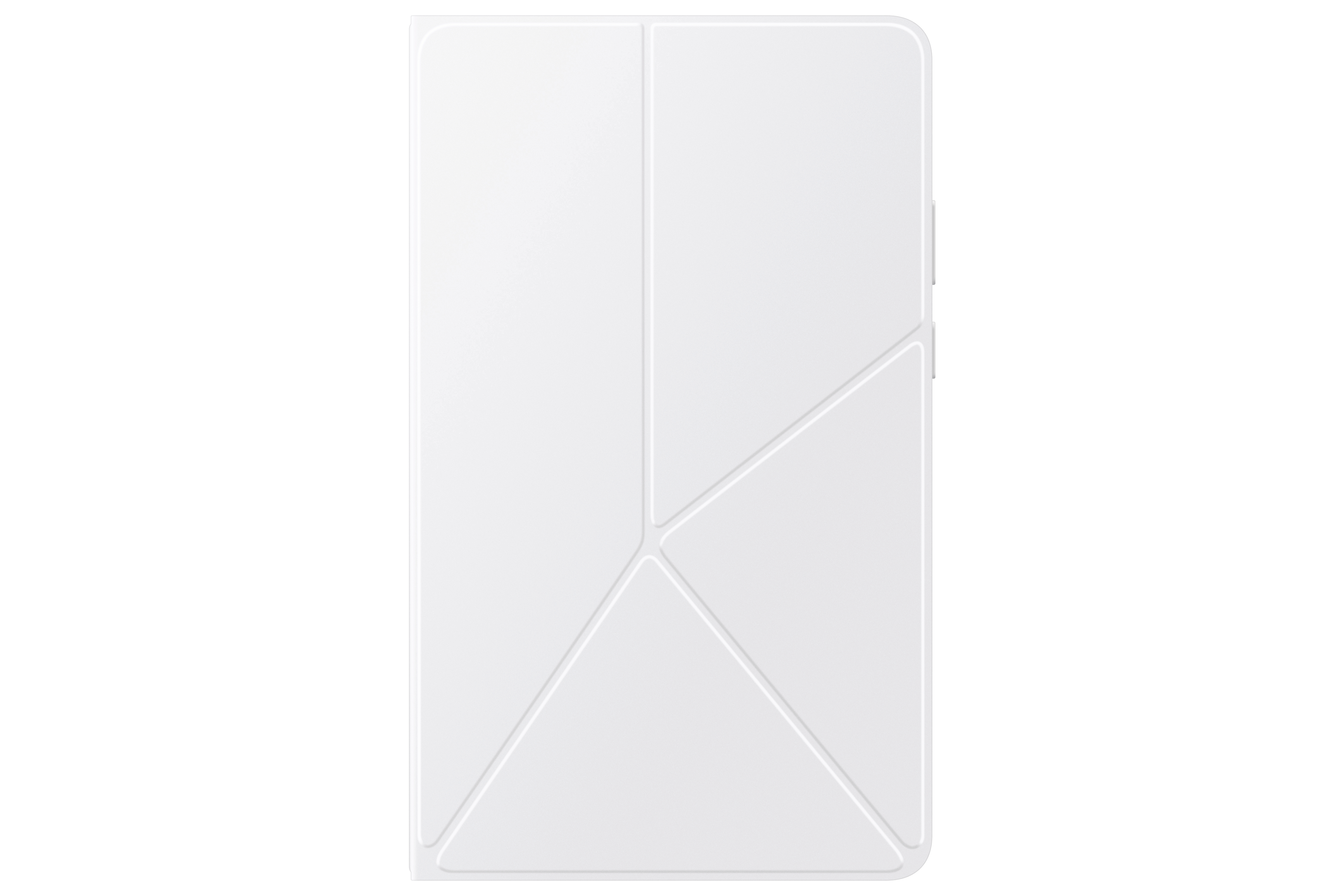 Eine weiße Tablet-Hülle mit geometrischem Design. Die Hülle ist geschlossen und zeigt ihre Vorderseite. Auf weißem Hintergrund.