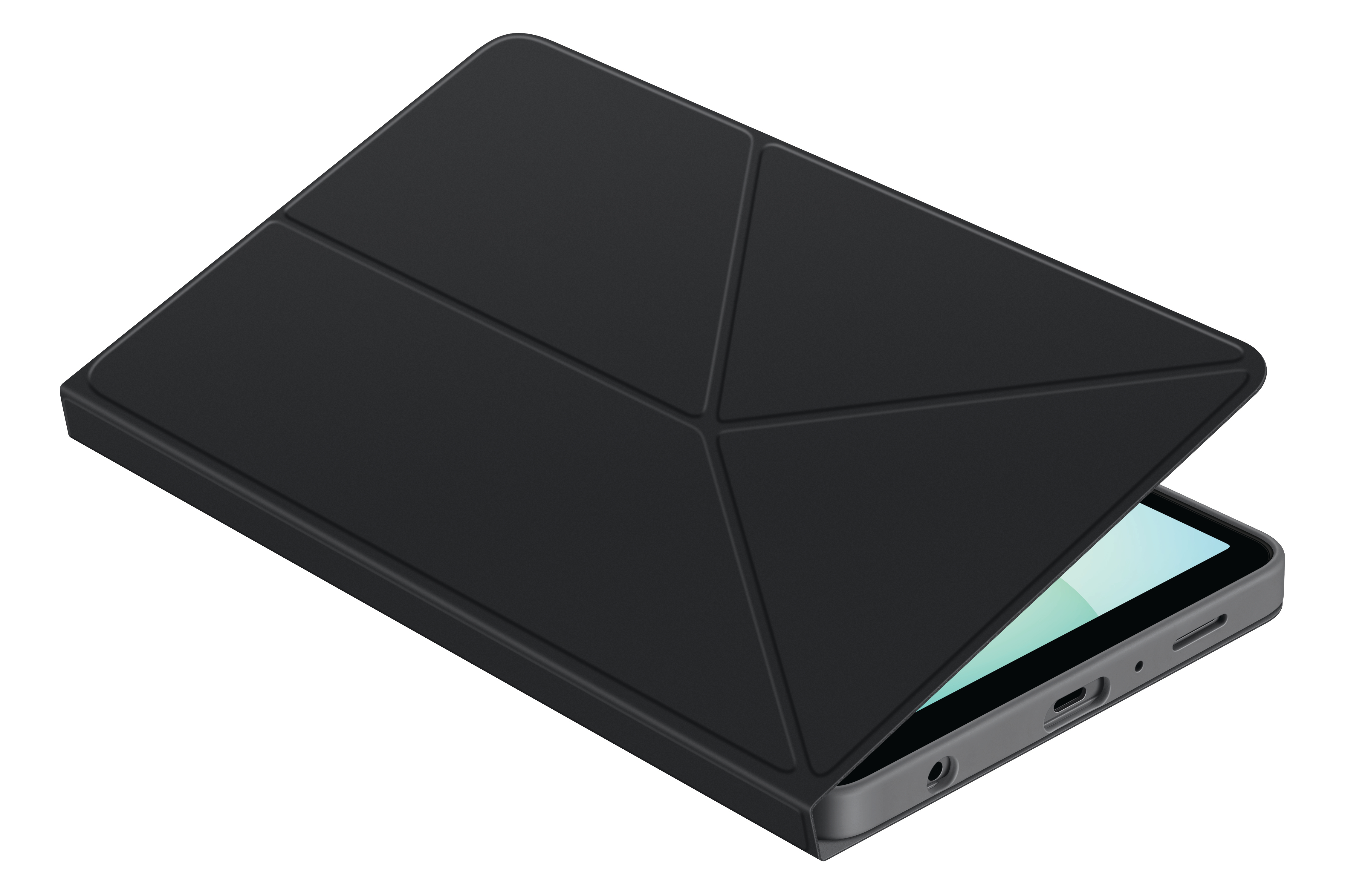 Tablet mit schwarzer Hülle, teilweise geöffnet. Der Bildschirm ist sichtbar. Der Hintergrund ist weiß.