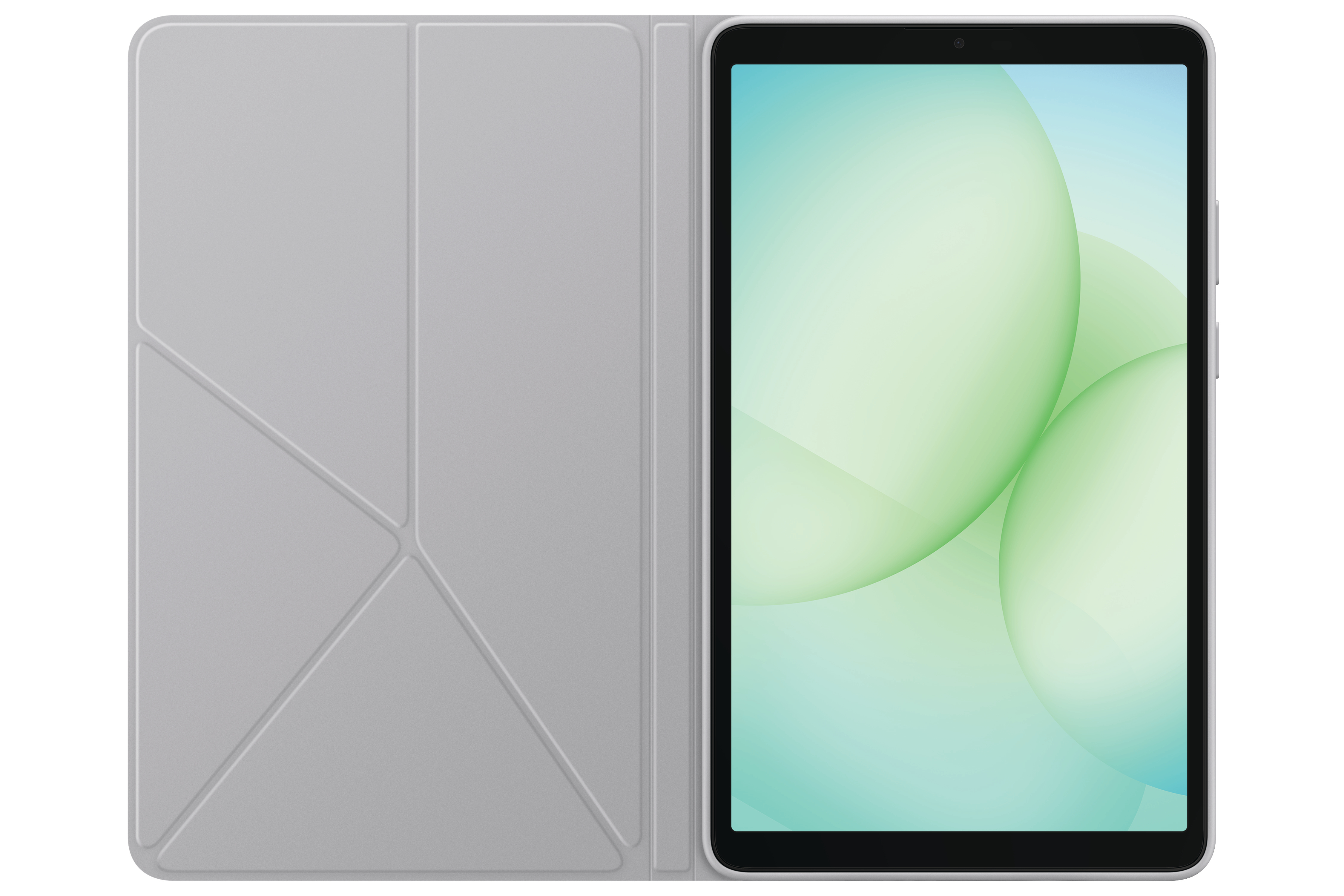 Tablet in grauem Gehäuse, geöffnet, um den Bildschirm mit grünem und blauem Farbverlauf freizugeben.