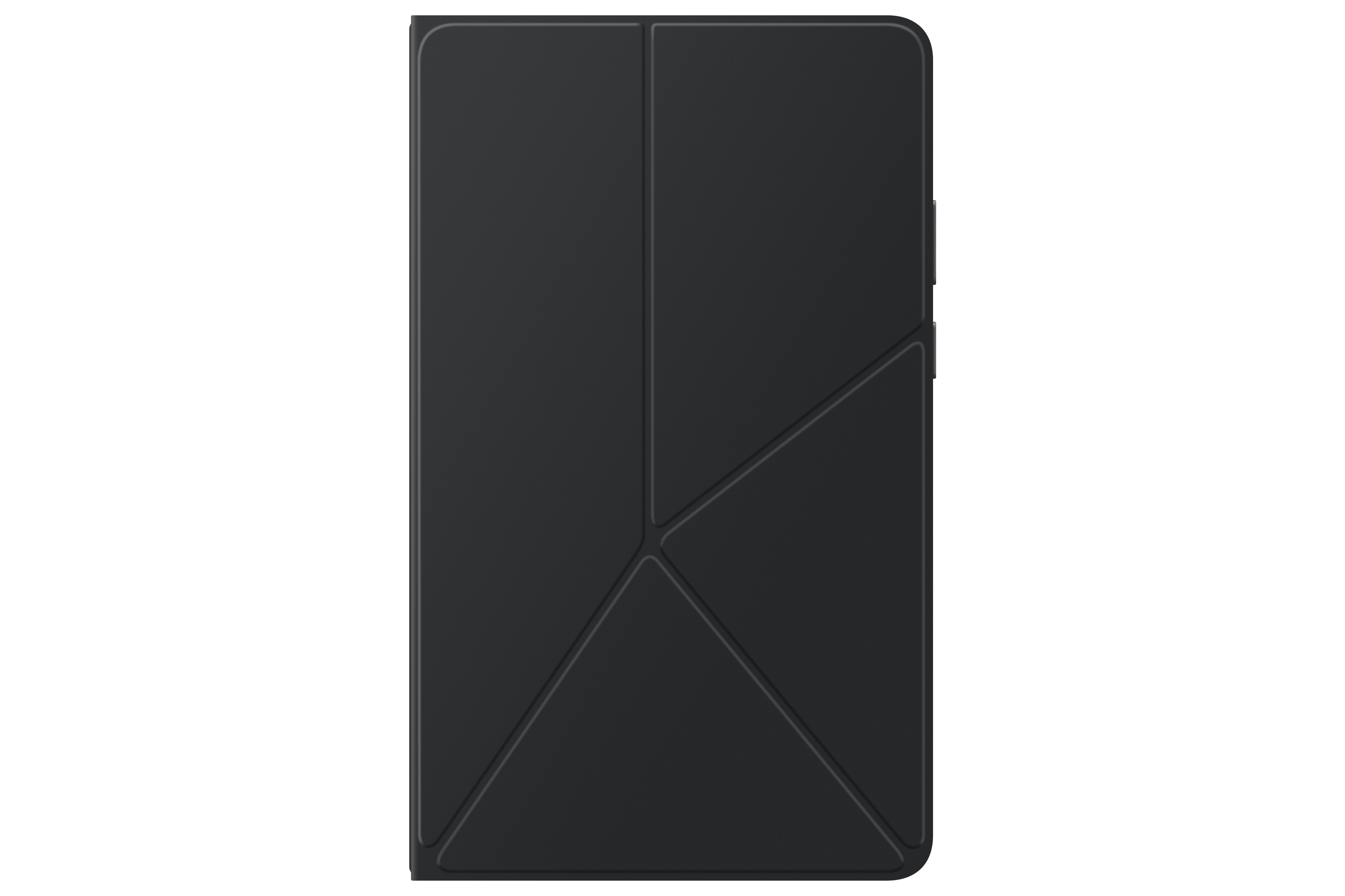 Gezeigt wird eine schwarze Handyhülle mit geometrischem Design. Sie hat ein faltbares Design und ist vor weißem Hintergrund.