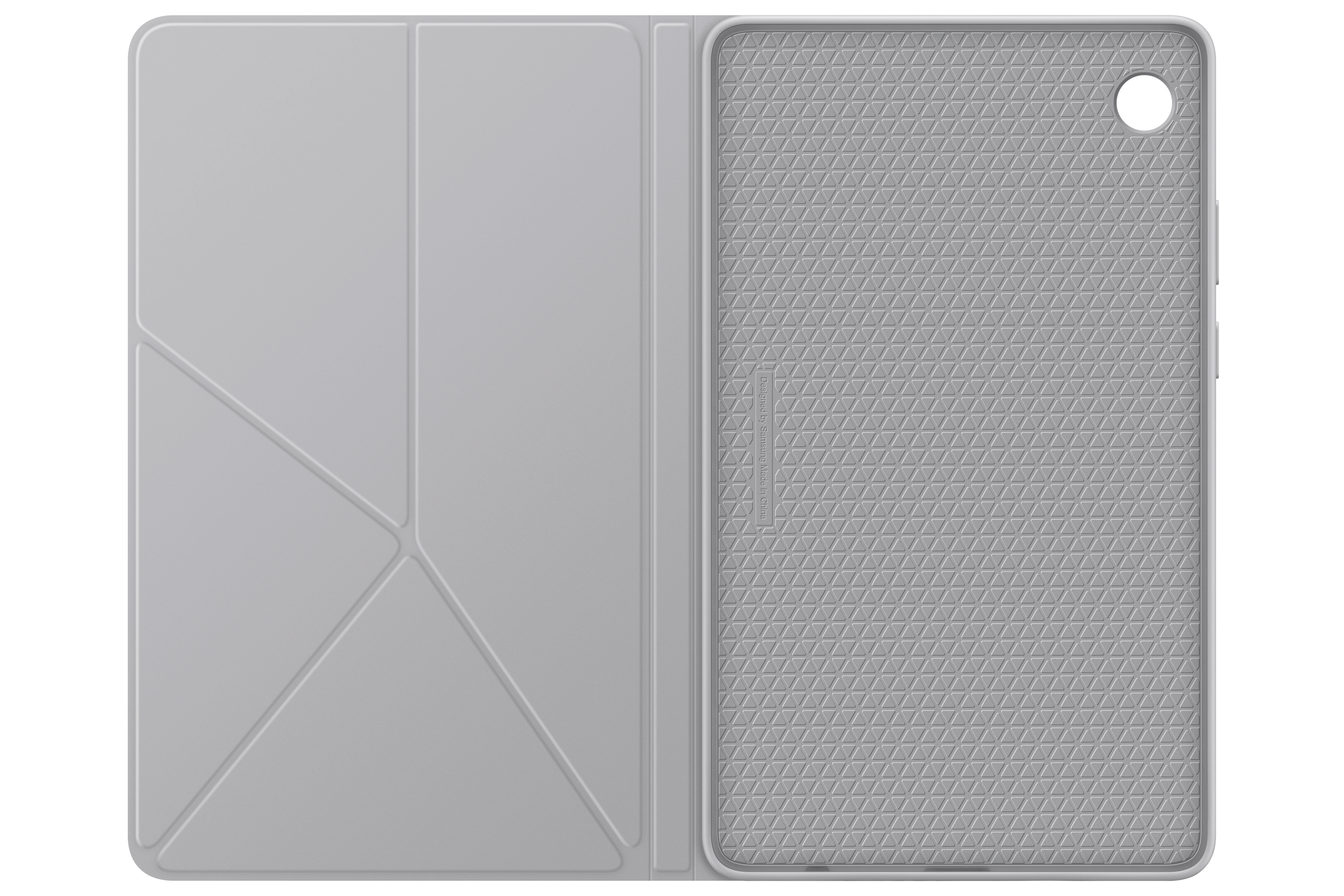 Offene hellgraue Tablethülle. Das Innere hat ein strukturiertes Muster, und die Abdeckung hat ein geometrisches Design.