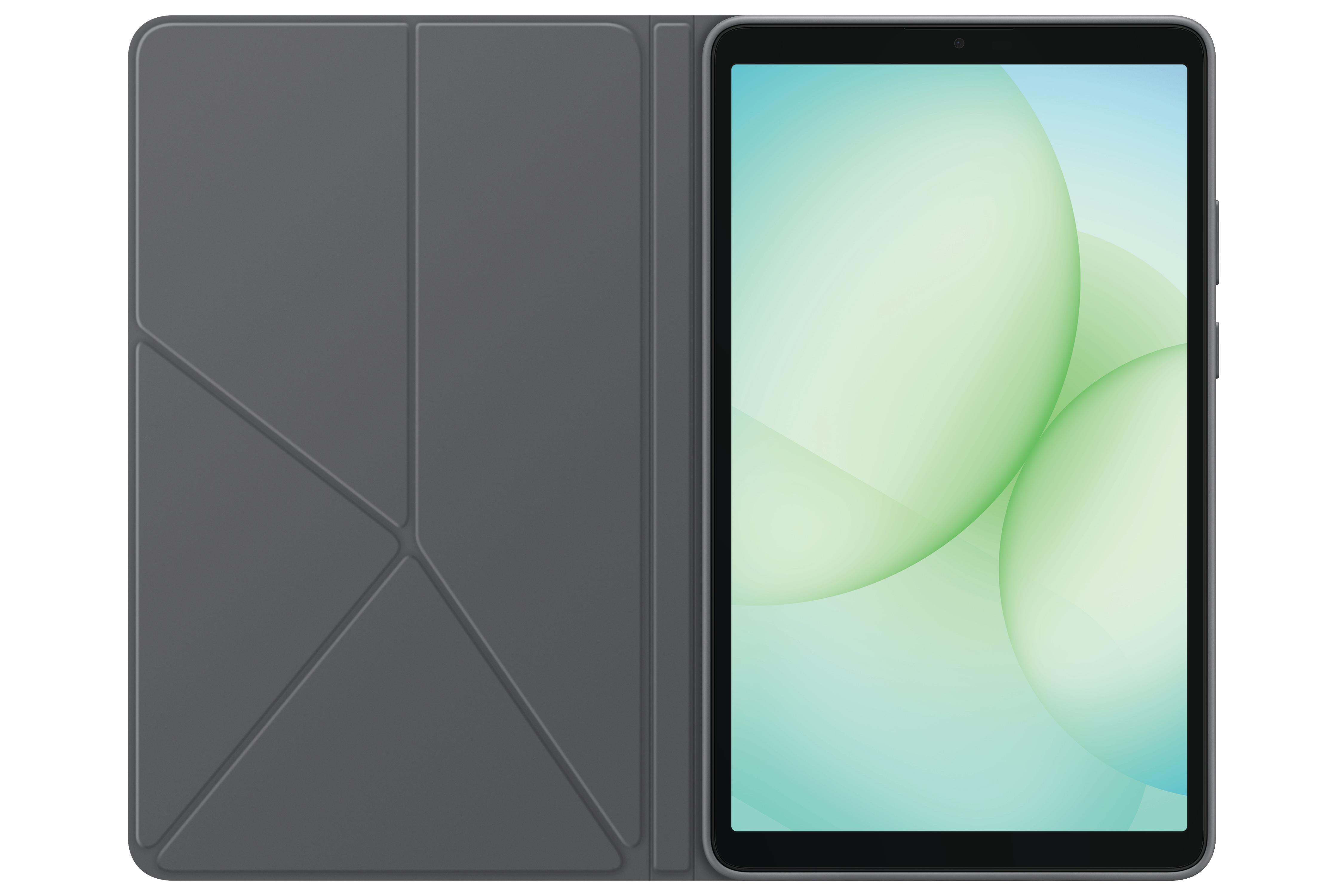 Tablet mit geöffnetem grauem Gehäuse. Der Bildschirm zeigt einen grünen und blauen Farbverlauf mit zwei großen, verschwommenen grünen Kreisen.