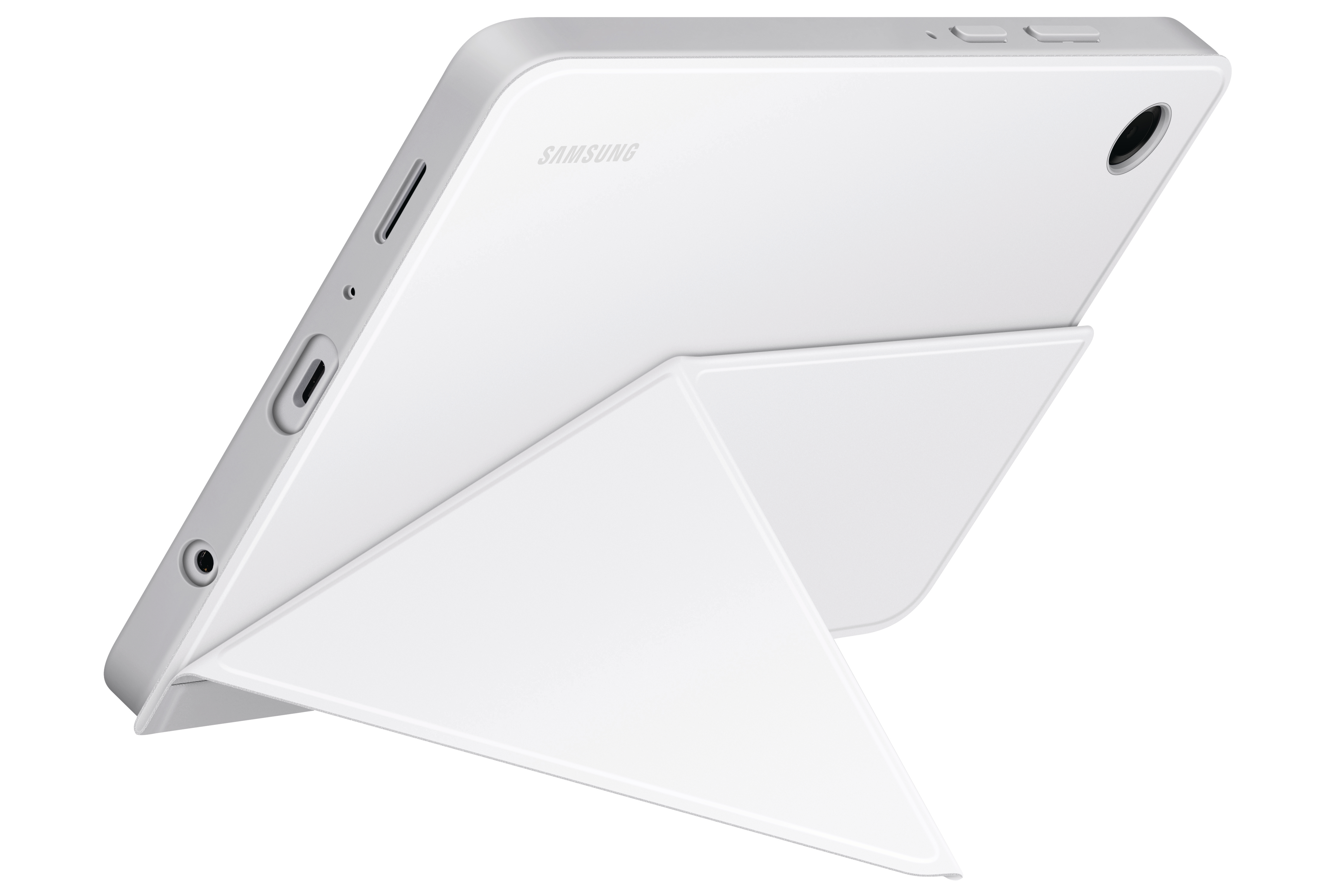 Weißes Samsung-Tablet mit weißer Hülle im Ständer. Das Tablet hat Knöpfe, Anschlüsse und eine Kamera.