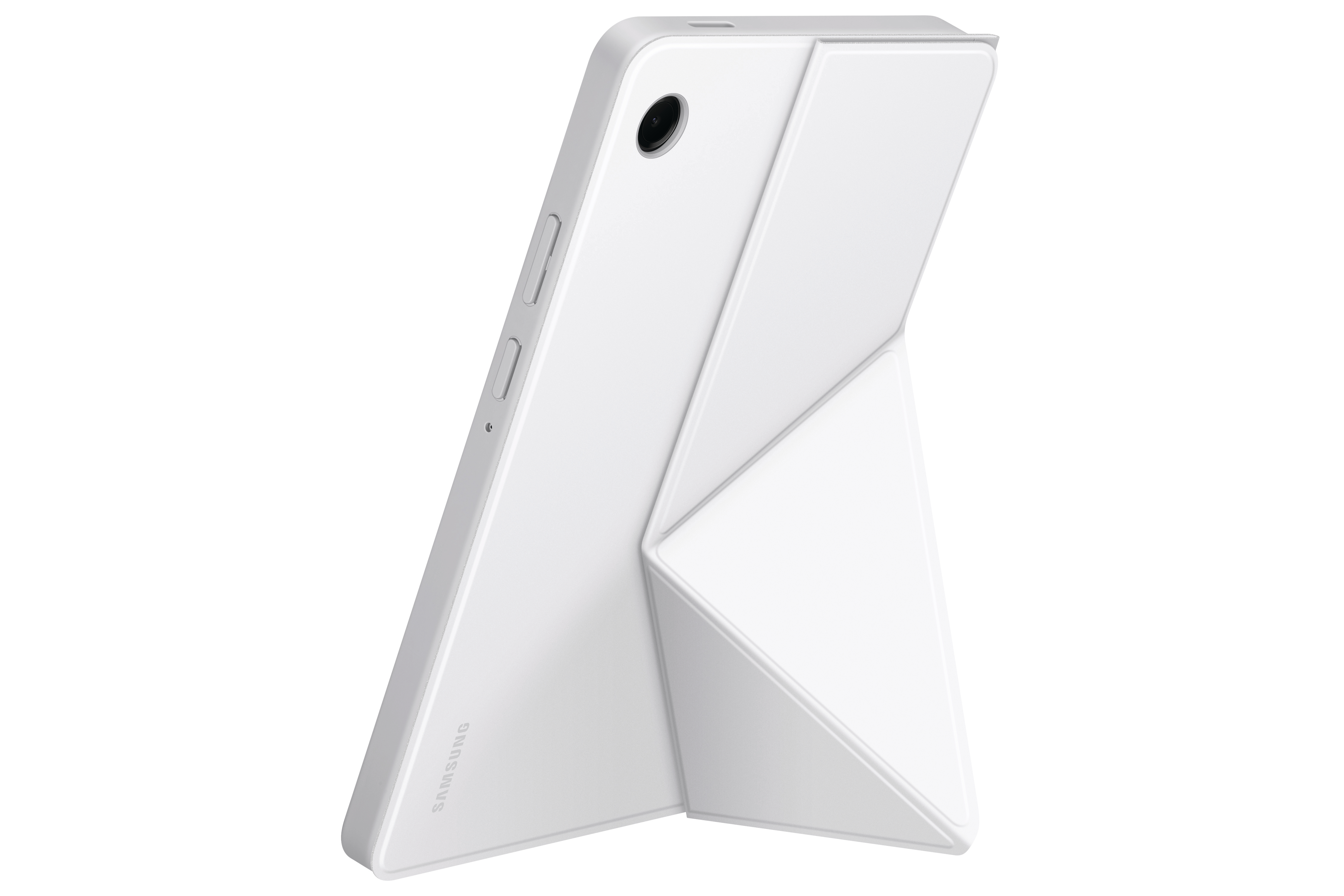 Ein weißes Samsung-Tablet mit weißer Hülle, aufgestellt. Die Hülle lässt sich zu einem Ständer zusammenfalten. Das Samsung-Logo ist sichtbar.