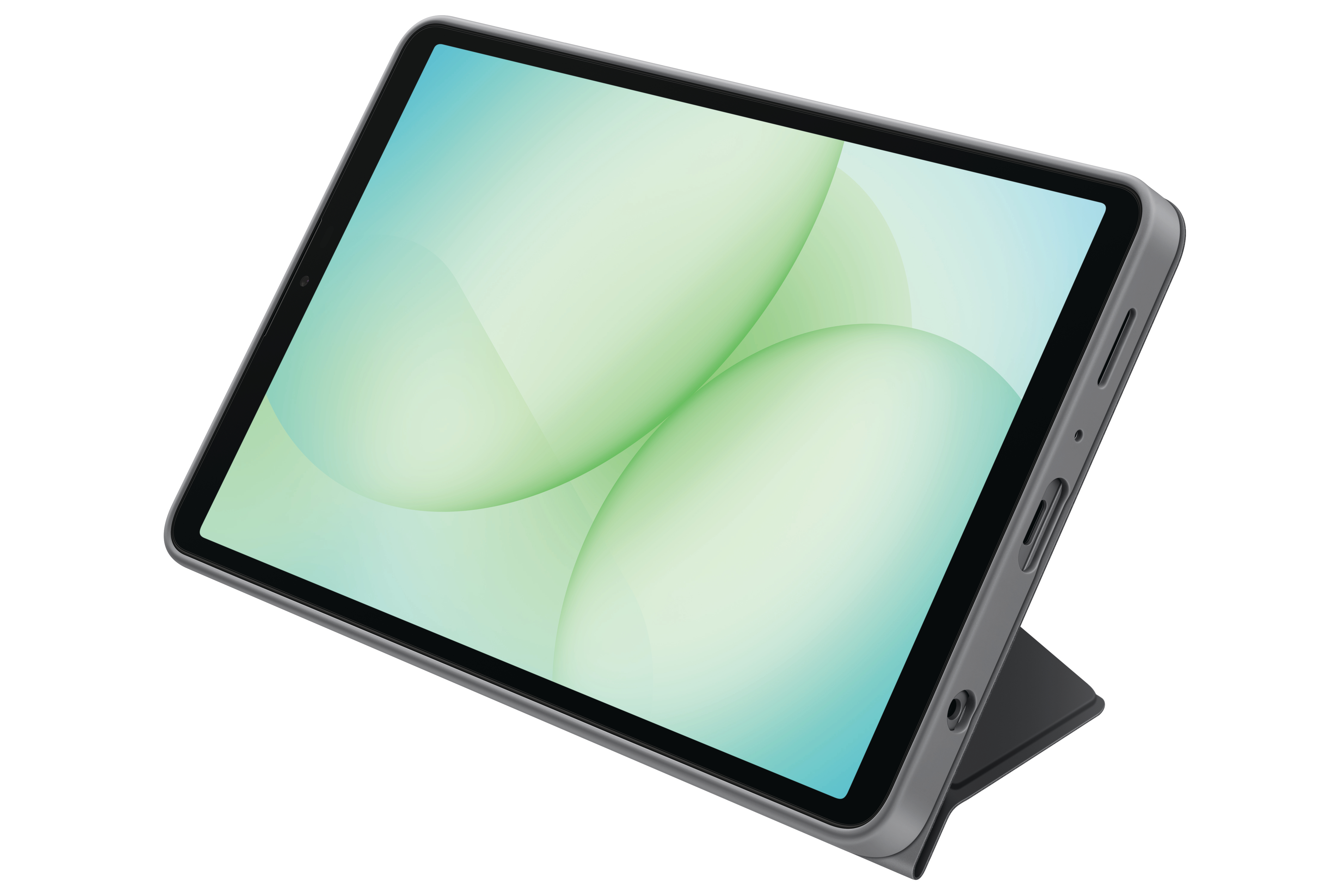 Graues Tablet mit Hülle, geneigt. Bildschirm zeigt grünen und blauen Farbverlauf. Ständer angebracht. Weißer Hintergrund.