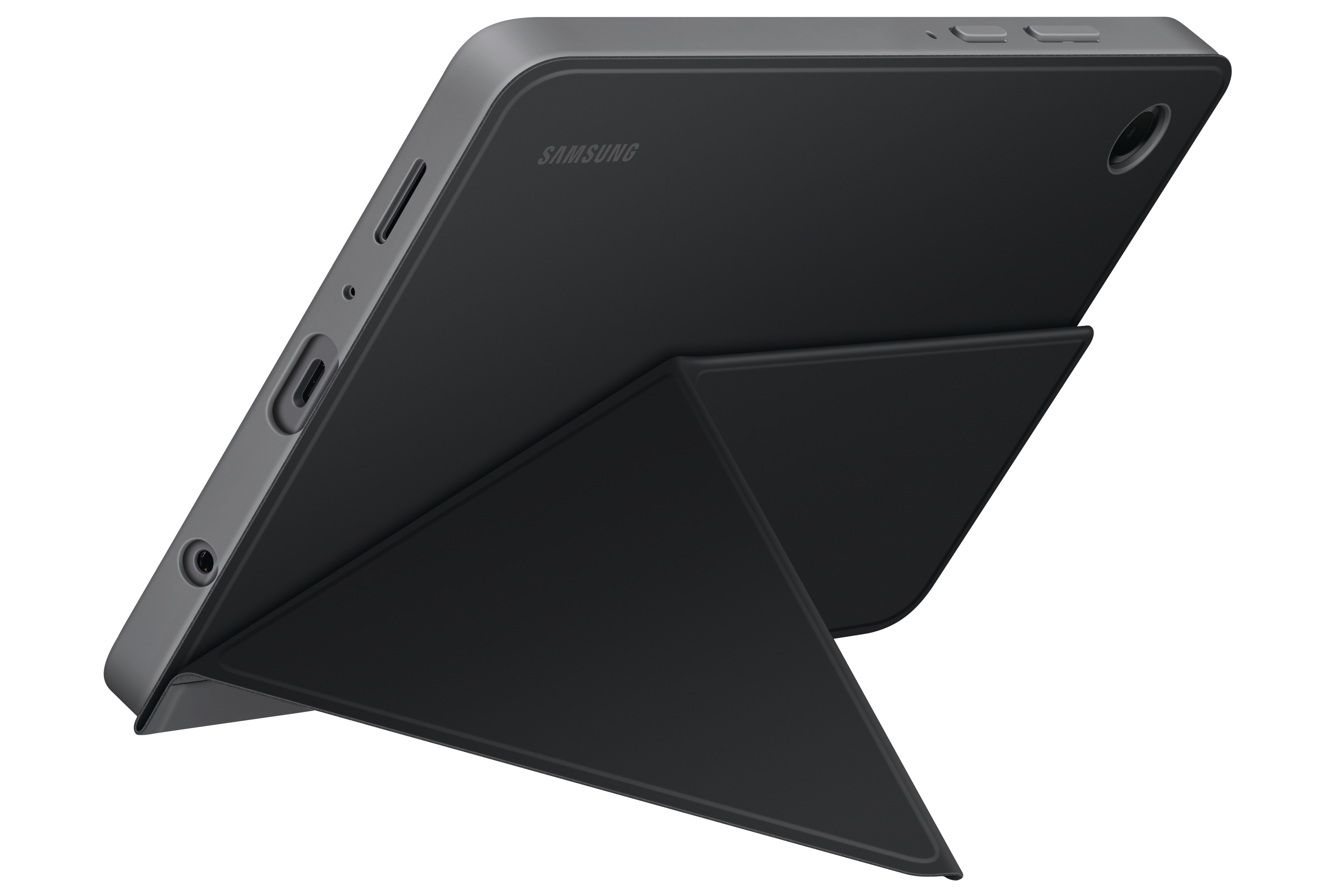 Ein schwarzes Tablet mit faltbarem Ständer. Das Samsung-Logo ist sichtbar. Das Tablet ist auf weißem Hintergrund.