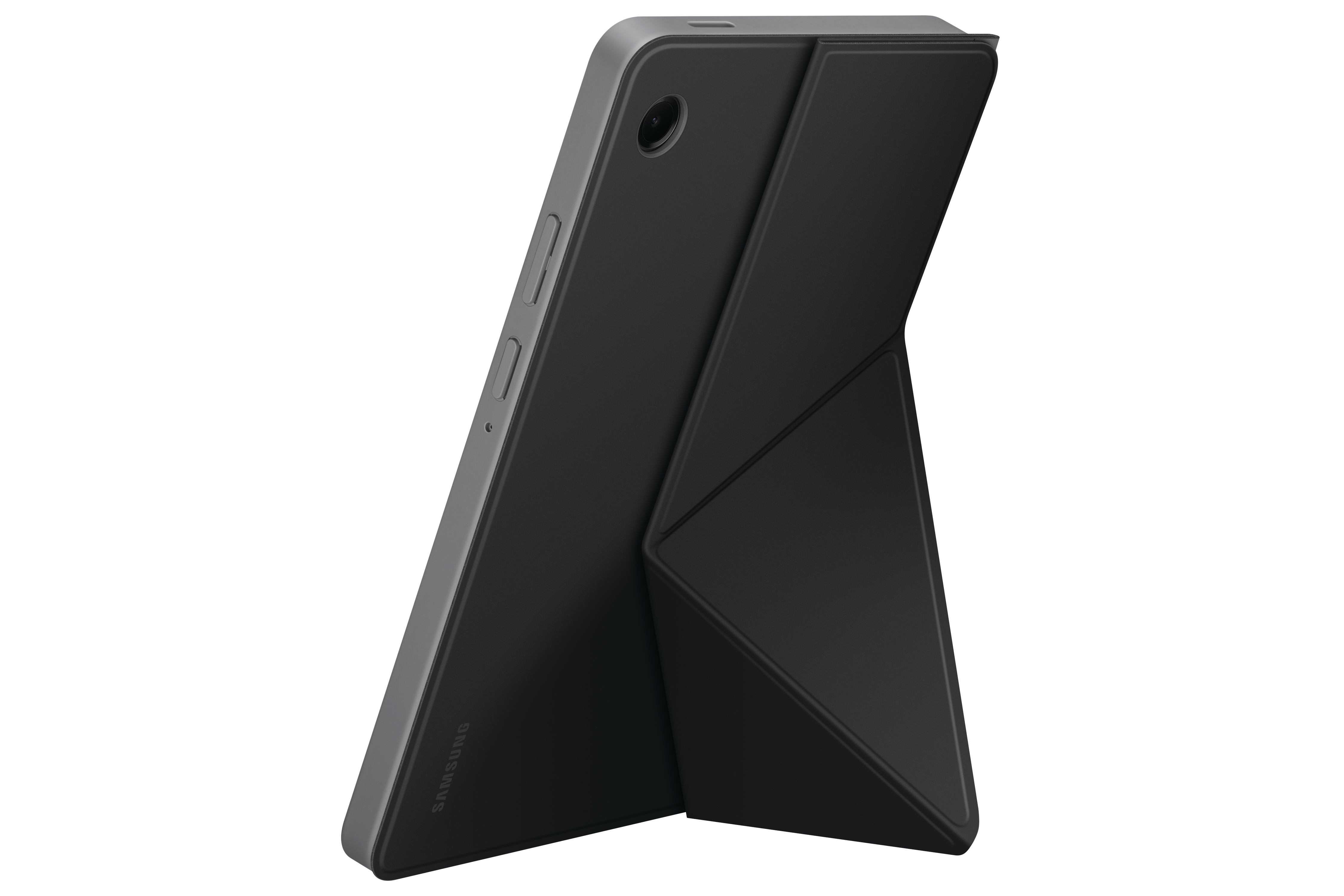 Ein schwarzes Tablet mit faltbarer Hülle ist aufgestellt. Das Tablet hat eine Kamera und den Markennamen 'SAMSUNG'.